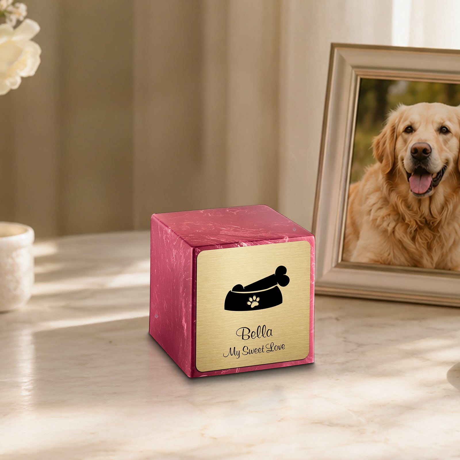 Small Cube Dog Bone Berry Cultured Marble Pet Cremation Urn by MacKenzie