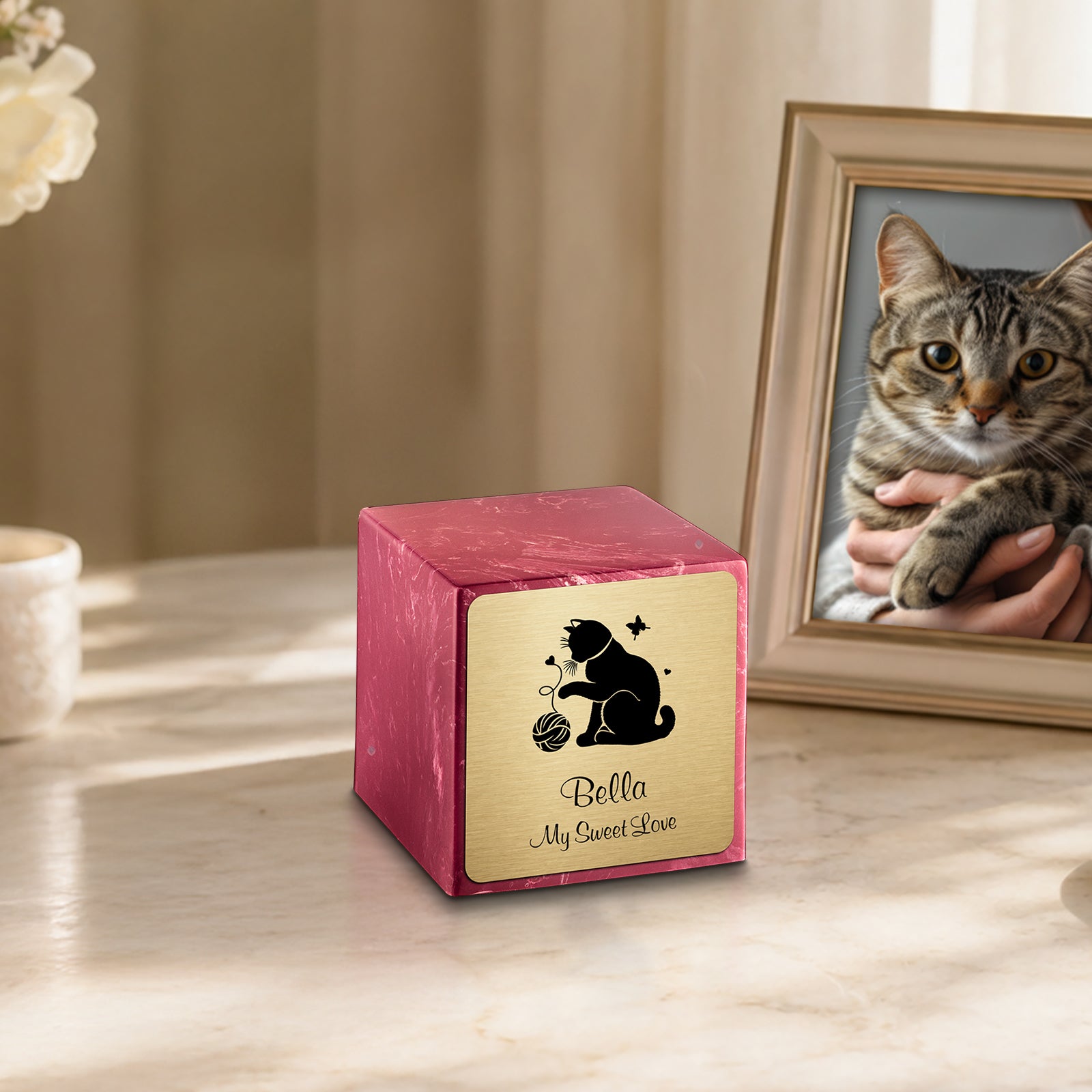 Small Cube Fun Cat Berry Cultured Marble Pet Cremation Urn by MacKenzie