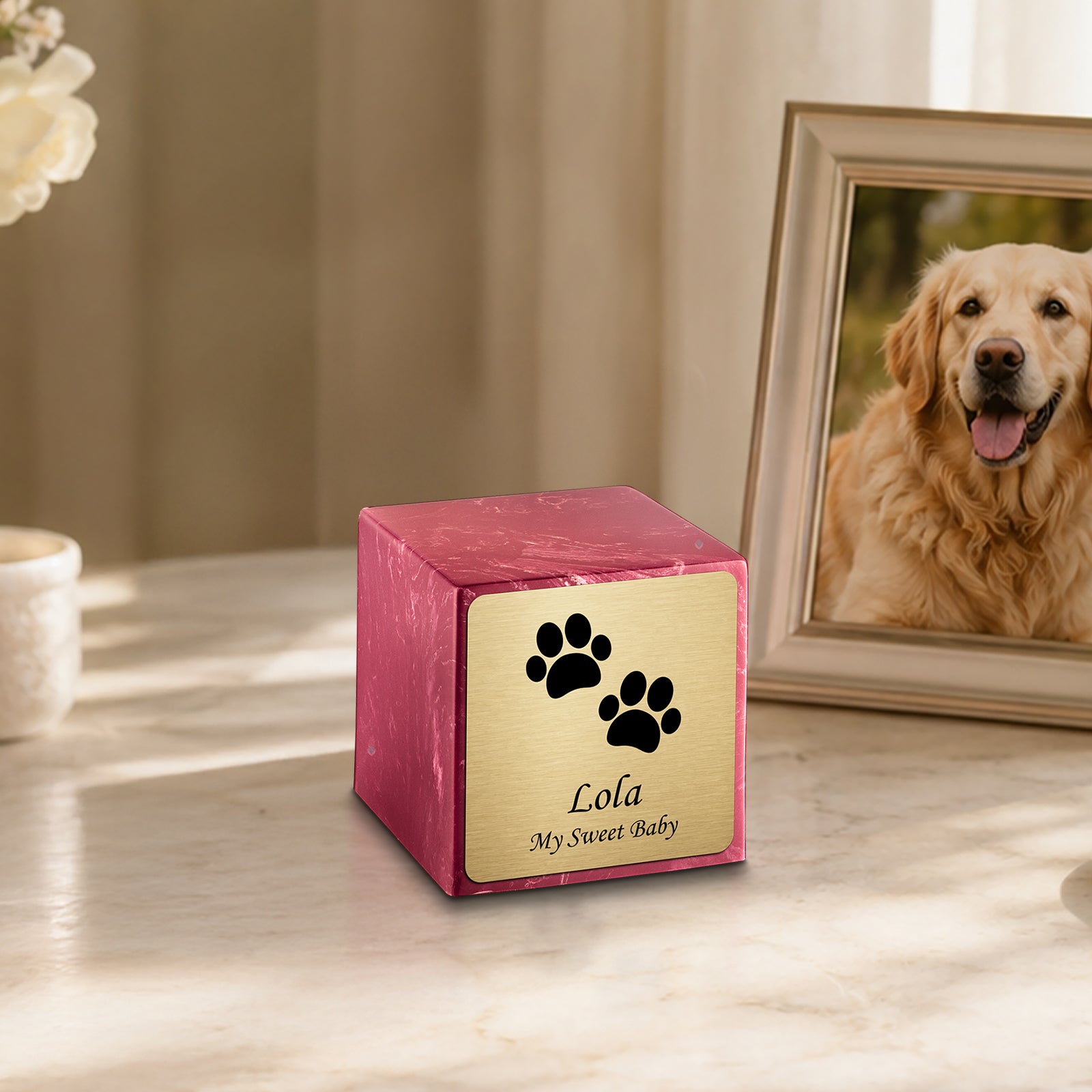 Small Cube Walking Paws Berry Cultured Marble Pet Cremation Urn by MacKenzie