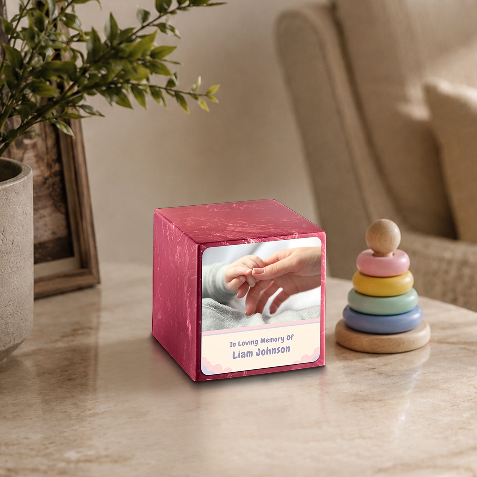 Small Cube Classic Photo Berry Cultured Marble Child Cremation Urn by MacKenzie