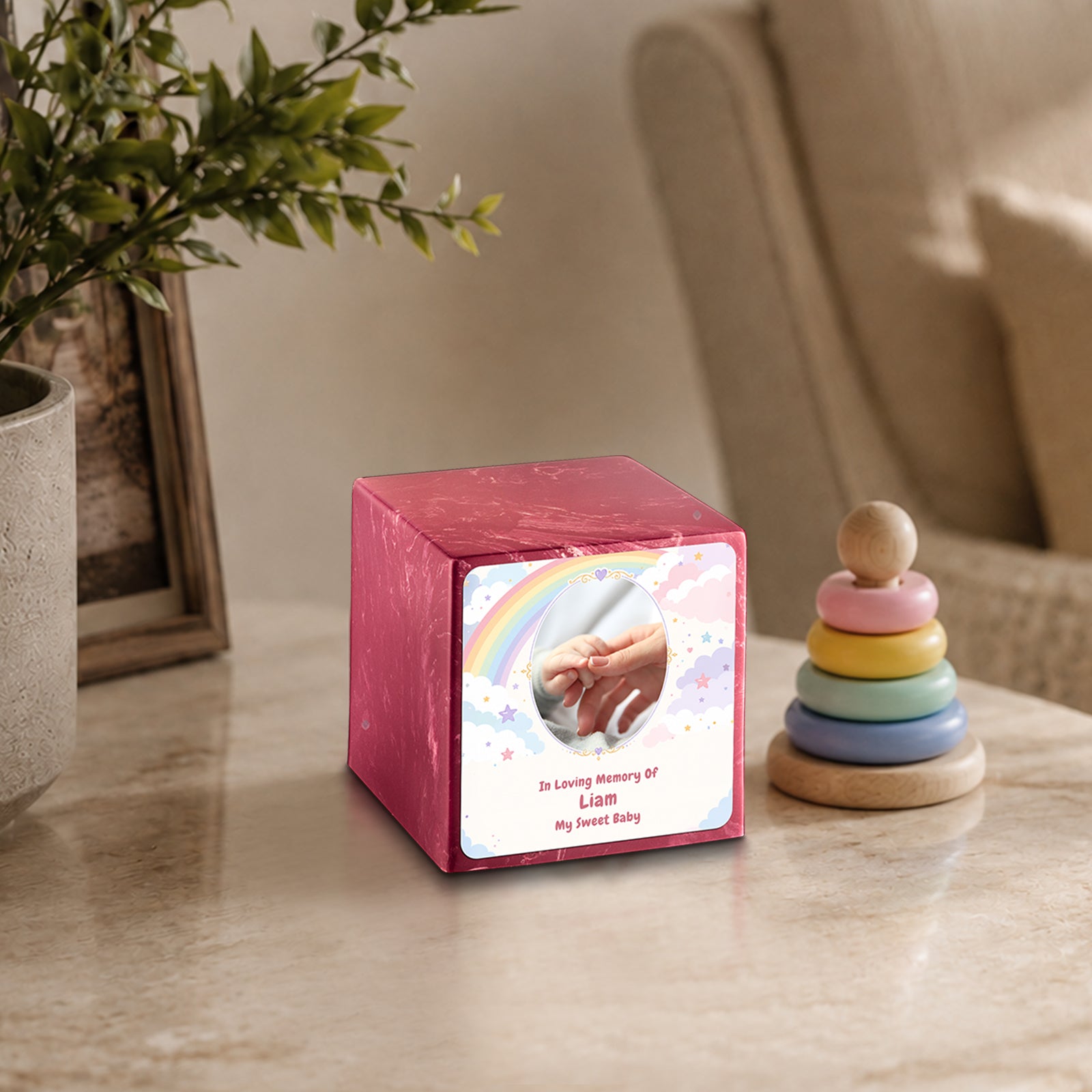Small Cube Rainbow and Clouds Berry Cultured Marble Child Cremation Urn by MacKenzie