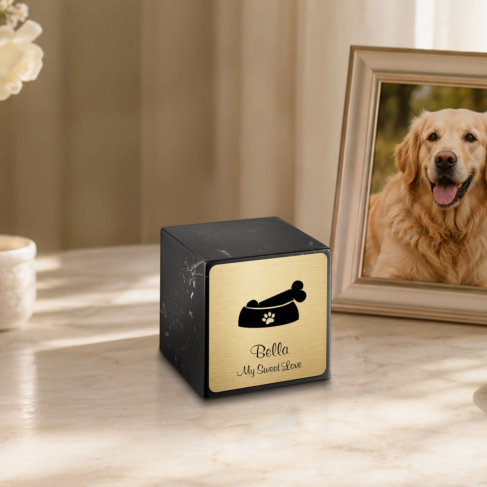 Small Cube Dog Bone Black and White Cultured Marble Pet Cremation Urn by MacKenzie