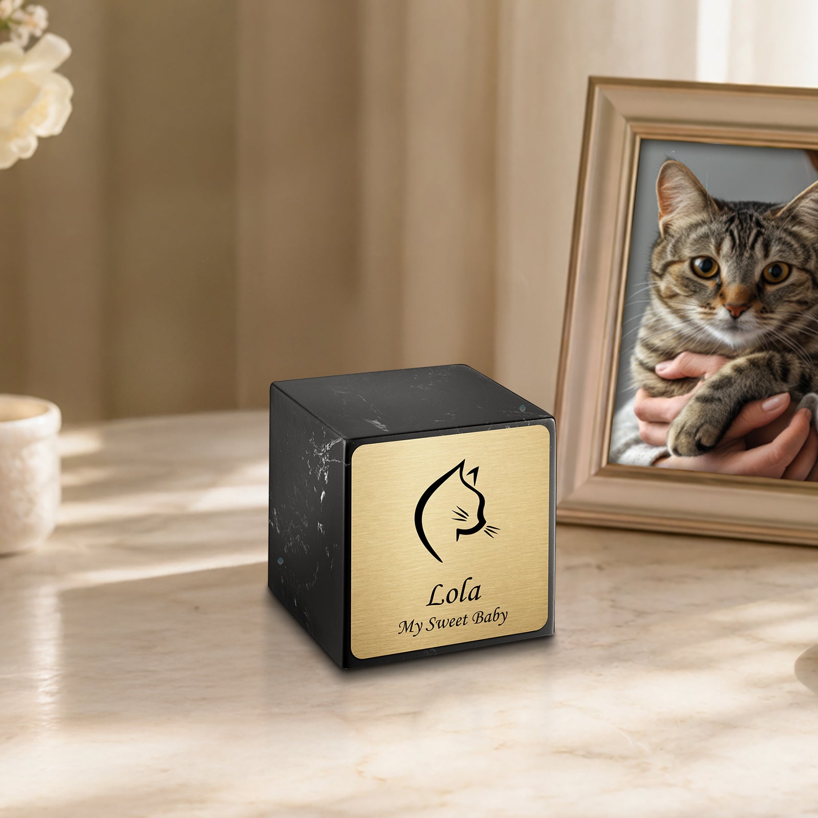 Small Cube Cat Head Black and White Cultured Marble Pet Cremation Urn by MacKenzie