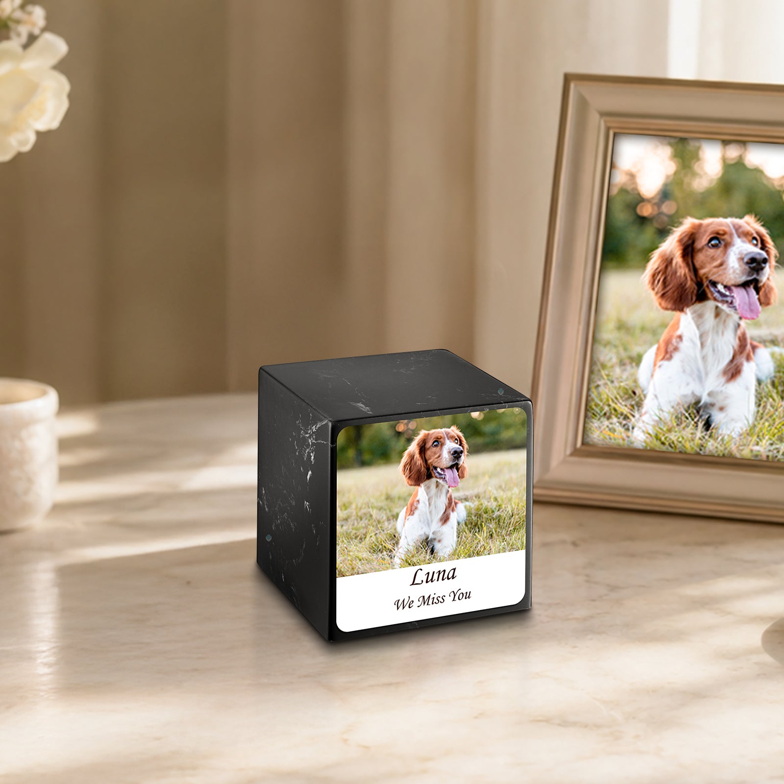 Small Cube Custom Pet Photo Black & White Cultured Marble Pet Cremation Urn by MacKenzie