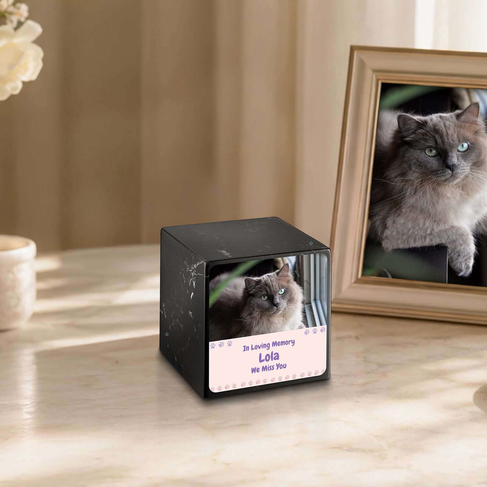 Small Cube Pet Photo Memorial Black & White Cultured Marble Pet Cremation Urn by MacKenzie
