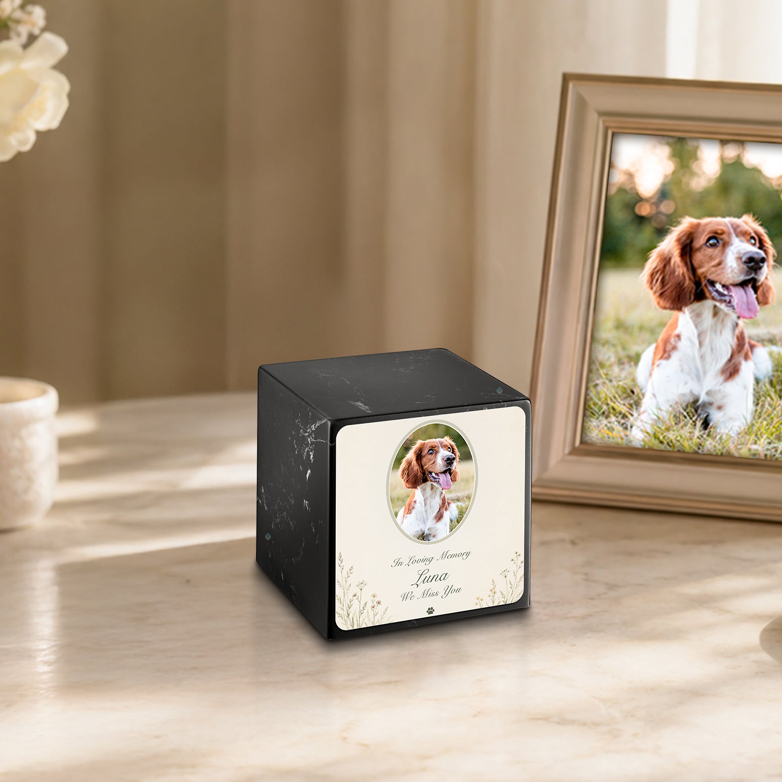 Small Cube Pet Portrait Tribute Black & White Cultured Marble Pet Cremation Urn by MacKenzie