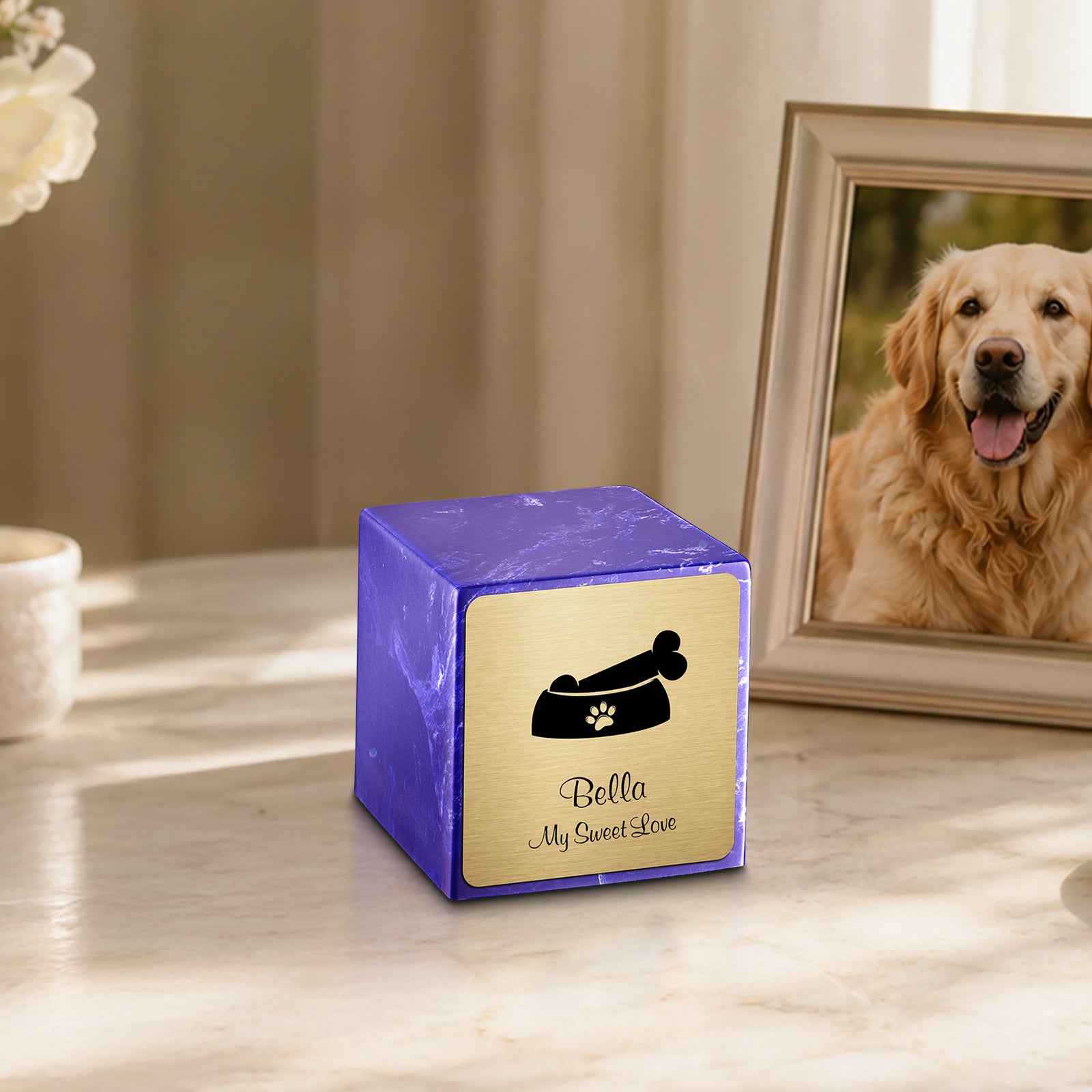 Small Cube Dog Bone Cobalt Cultured Marble Pet Cremation Urn by MacKenzie