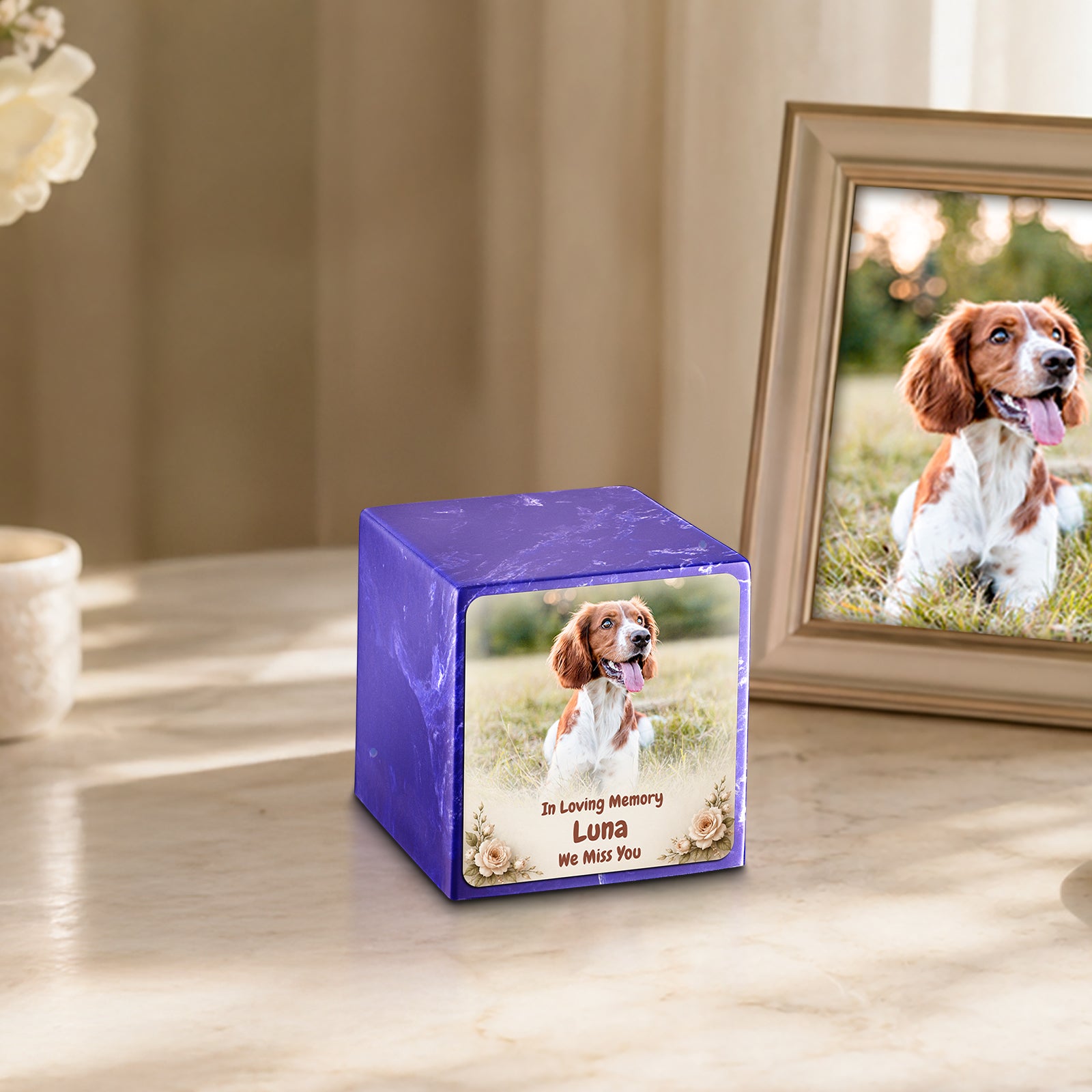 Small Cube Personalized Pet Photo Cobalt Cultured Marble Pet Cremation Urn by MacKenzie