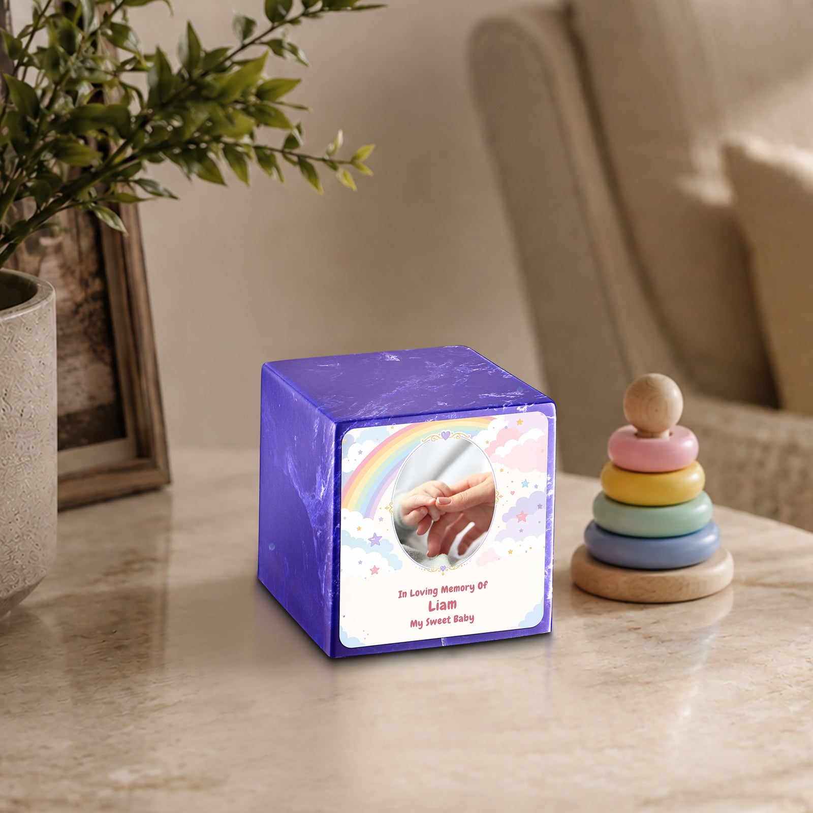 Small Cube Rainbow and Clouds Cobalt Cultured Marble Child Cremation Urn by MacKenzie