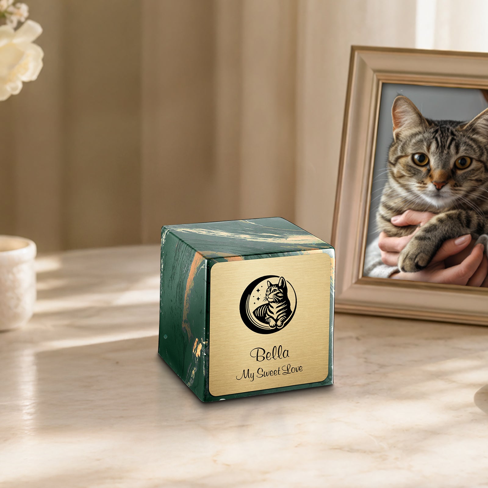 Small Cube Cat Camo Cultured Marble Pet Cremation Urn by MacKenzie