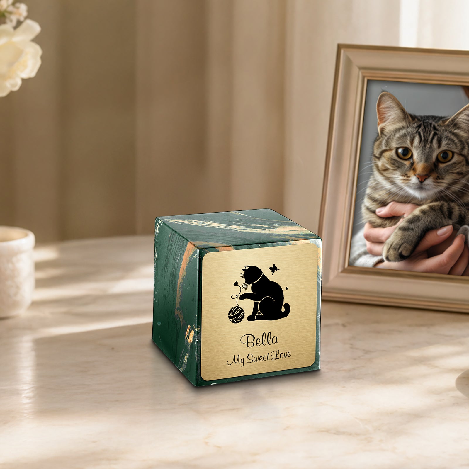 Small Cube Fun Cat Camo Cultured Marble Pet Cremation Urn by MacKenzie