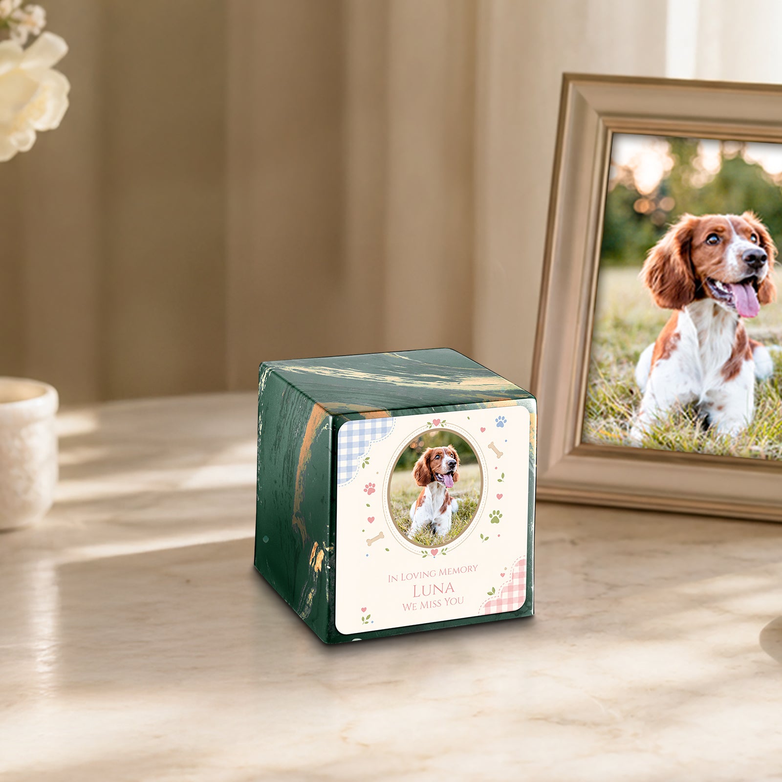 Small Cube Custom Pet Memorial Camo Cultured Marble Pet Cremation Urn by MacKenzie