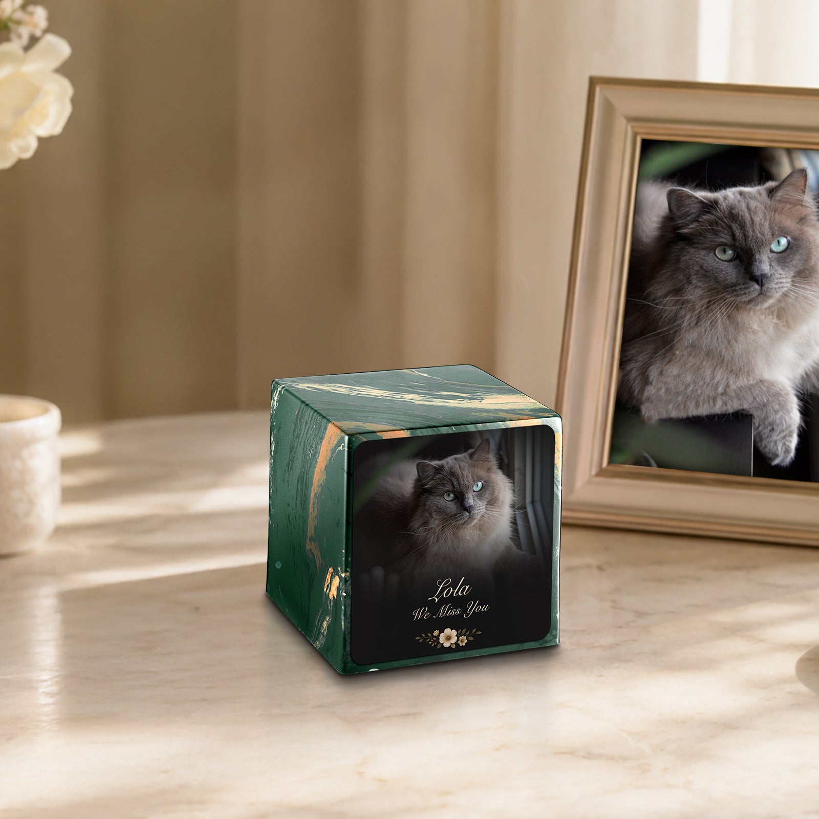 Small Cube Pet Portrait Photo Camo Cultured Marble Pet Cremation Urn by MacKenzie