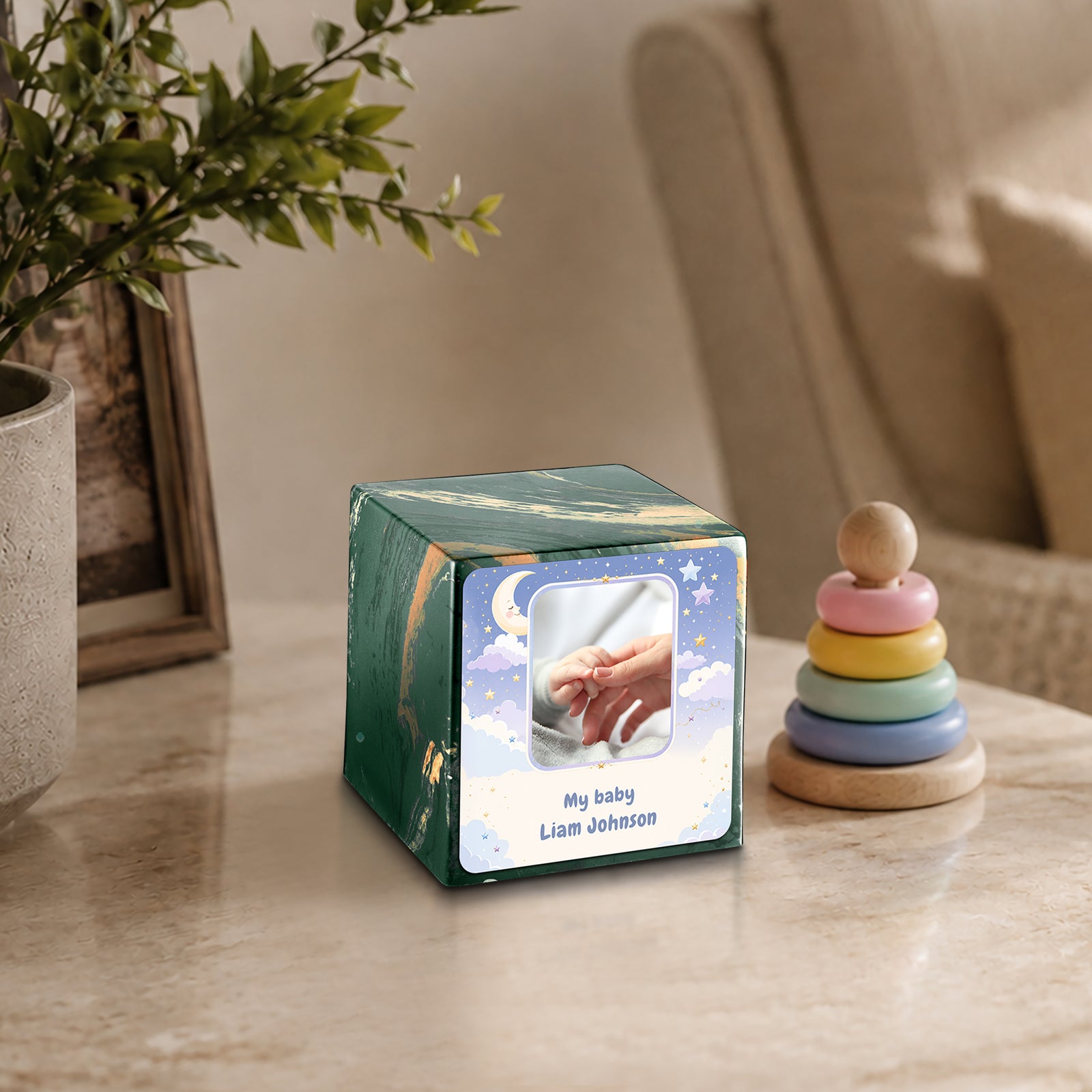 Small Cube Moon and Stars Camo Cultured Marble Child Cremation Urn by MacKenzie
