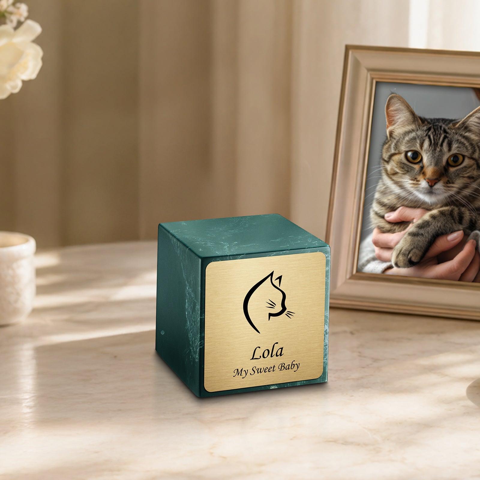 Small Cube Cat Head Evergreen Cultured Marble Pet Cremation Urn by MacKenzie