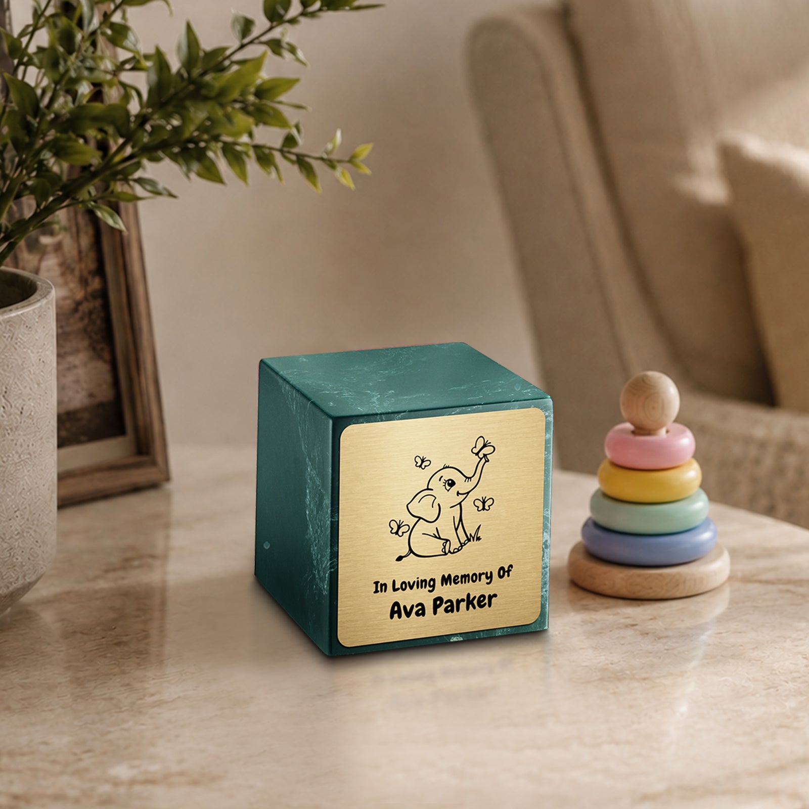 Small Cube Baby Elephant Evergreen Cultured Marble Child Cremation Urn by MacKenzie