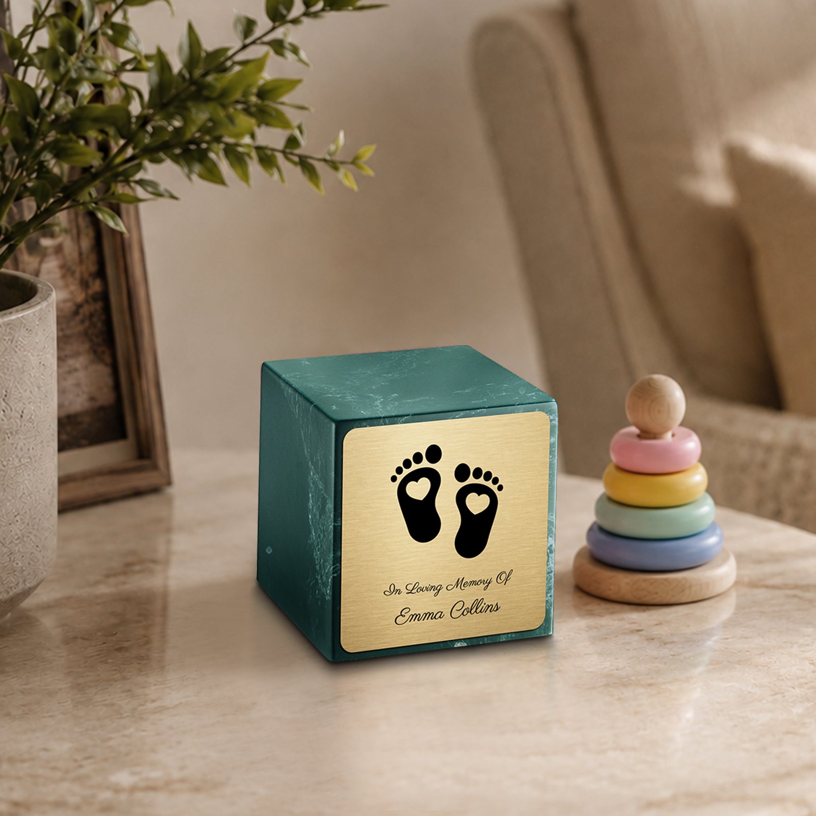 Small Cube Loving Heart Feet Evergreen Cultured Marble Child Cremation Urn by MacKenzie