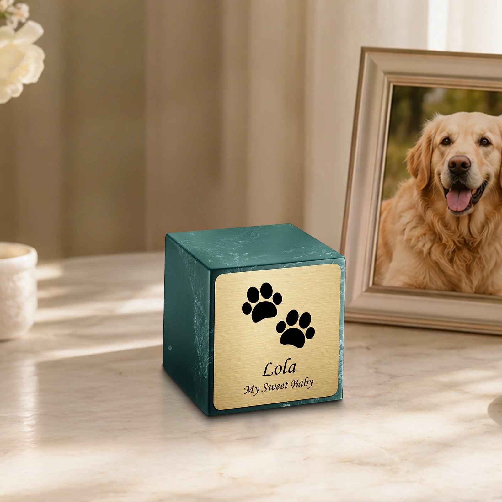 Small Cube Walking Paws Evergreen Cultured Marble Pet Cremation Urn by MacKenzie