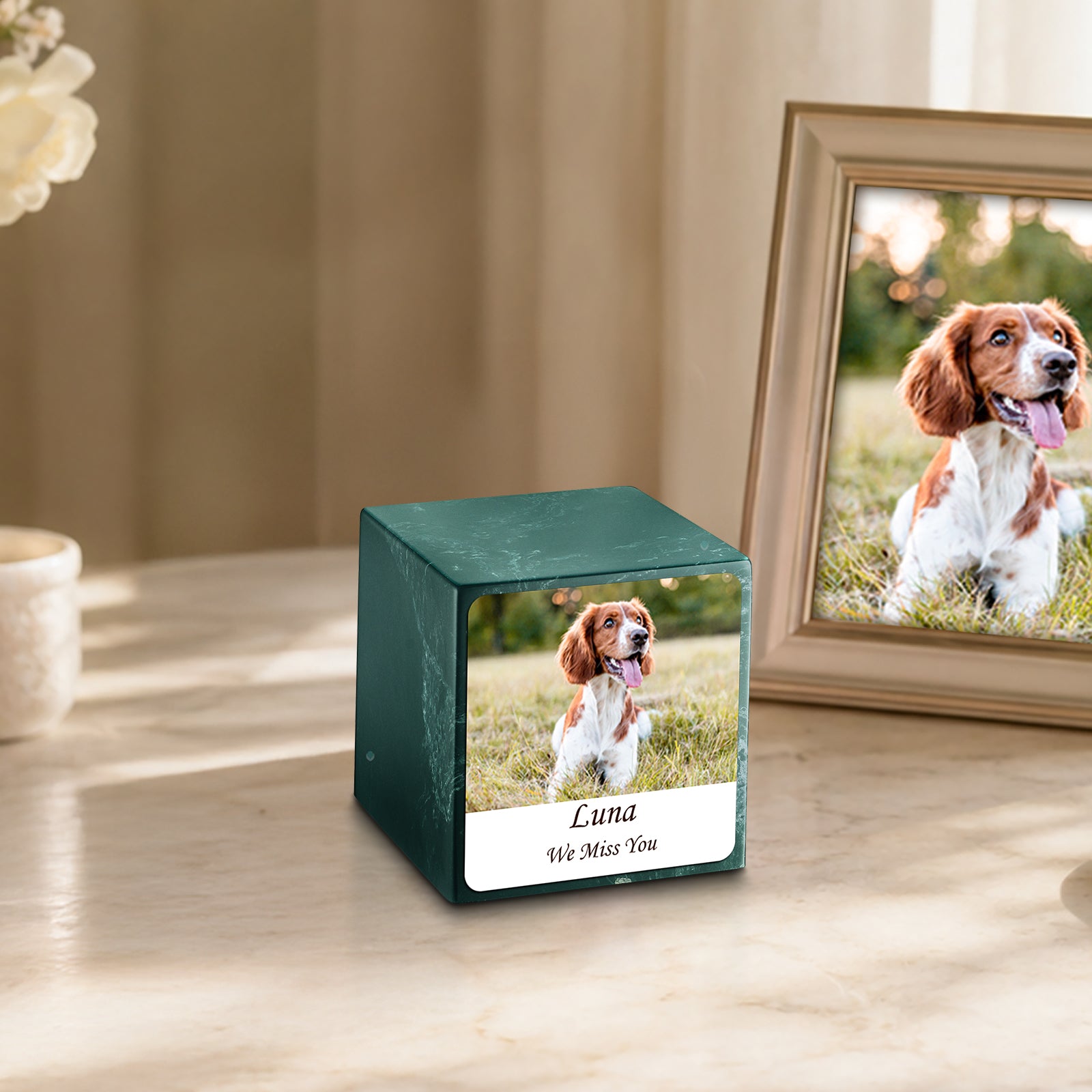 Small Cube Custom Pet Photo Evergreen Cultured Marble Pet Cremation Urn by MacKenzie