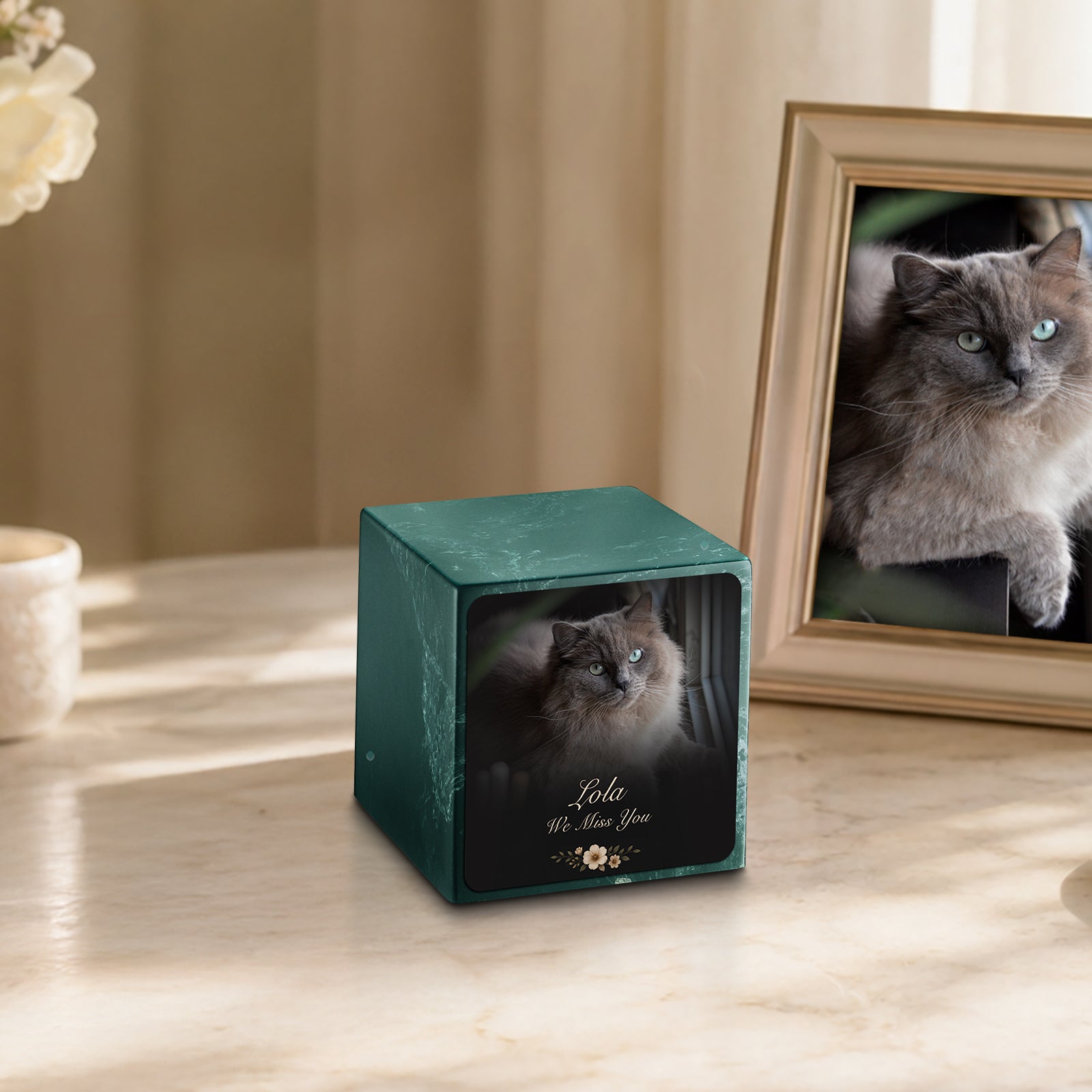 Small Cube Pet Portrait Photo Evergreen Cultured Marble Pet Cremation Urn by MacKenzie