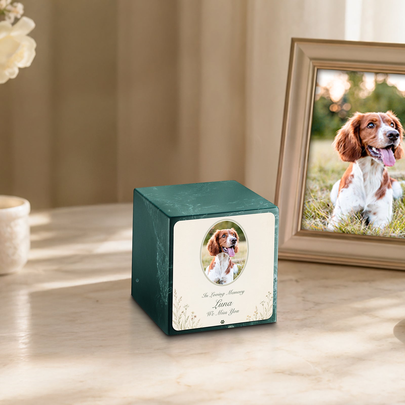 Small Cube Pet Portrait Tribute Evergreen Cultured Marble Pet Cremation Urn by MacKenzie