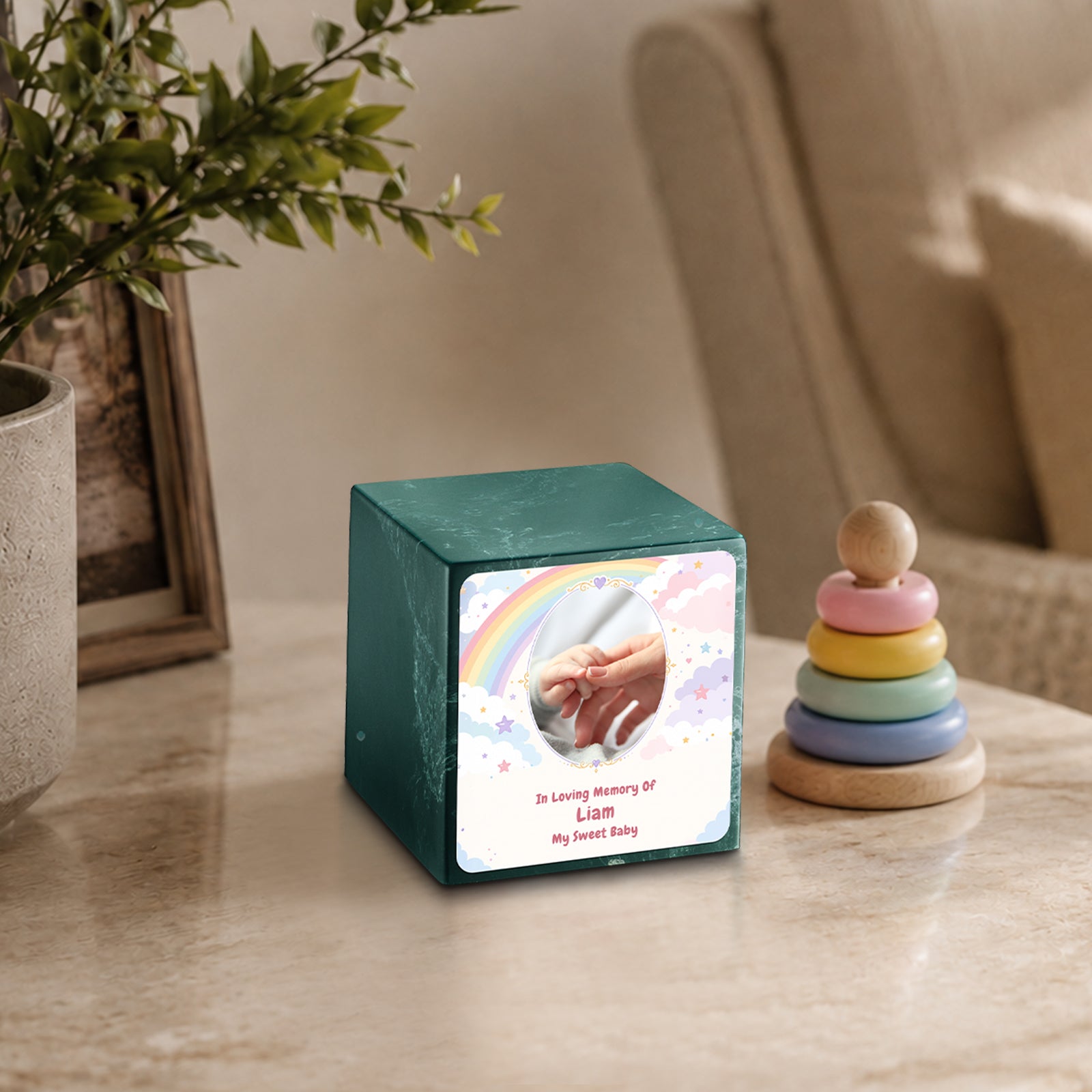 Small Cube Rainbow and Clouds Evergreen Cultured Marble Child Cremation Urn by MacKenzie