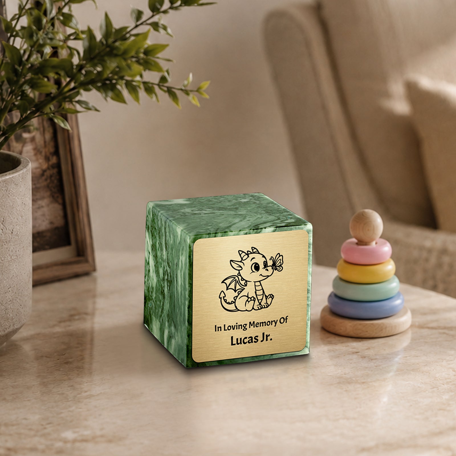 Small Cube Baby Dragon Emerald Cultured Marble Child Cremation Urn by MacKenzie