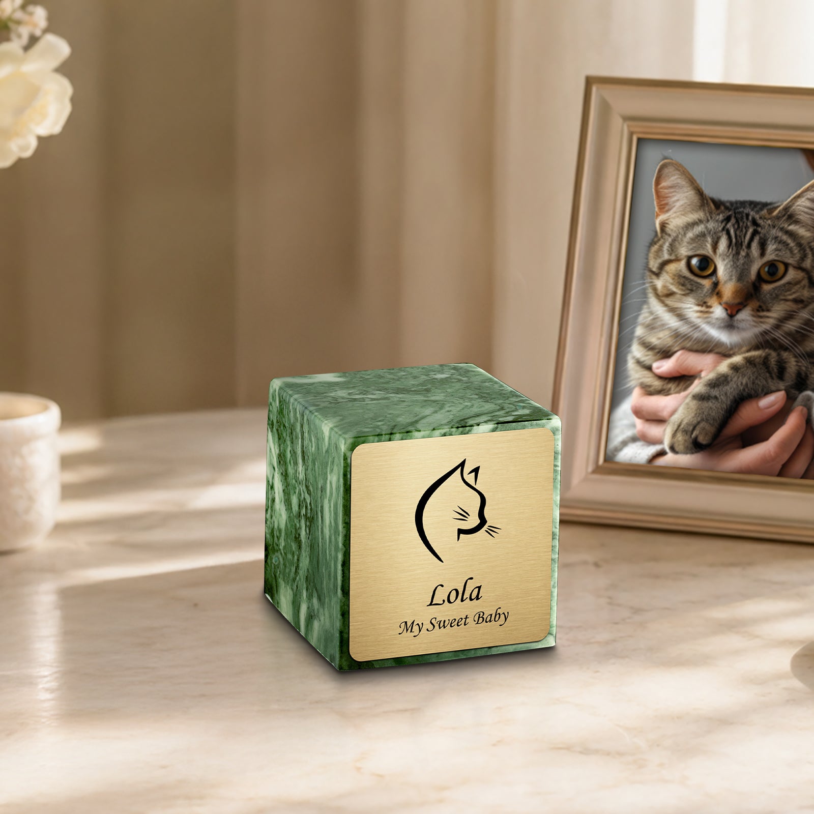Small Cube Cat Head Emerald Cultured Marble Pet Cremation Urn by MacKenzie