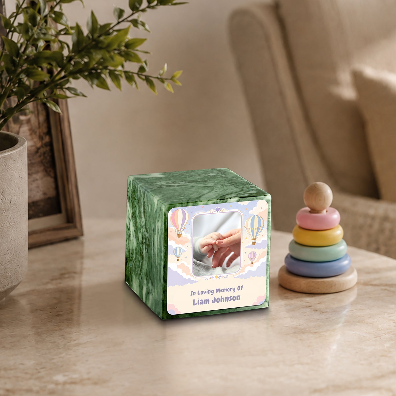 Small Cube Hot Air Balloons Emerald Cultured Marble Child Cremation Urn by MacKenzie
