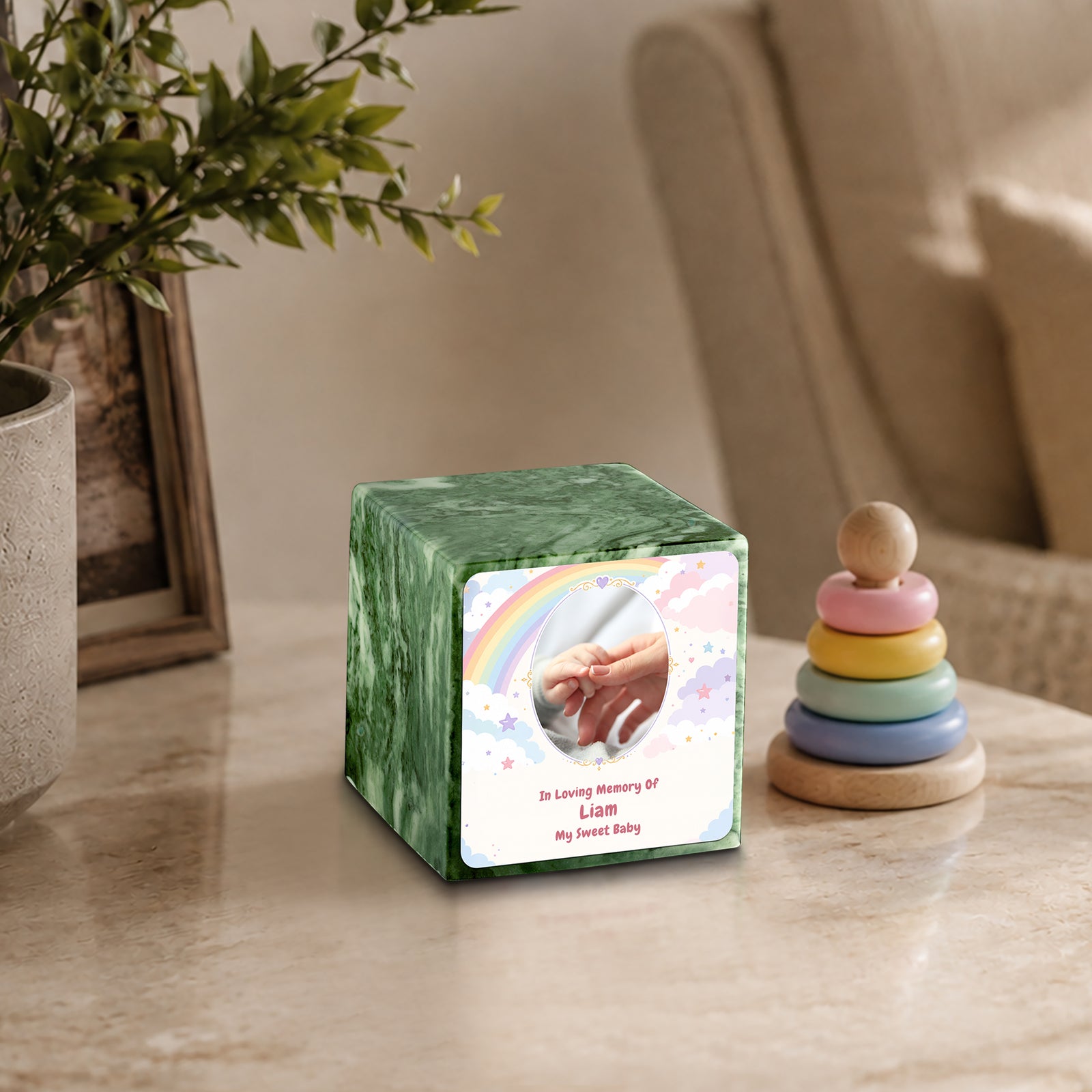 Small Cube Rainbow and Clouds Emerald Cultured Marble Child Cremation Urn by MacKenzie