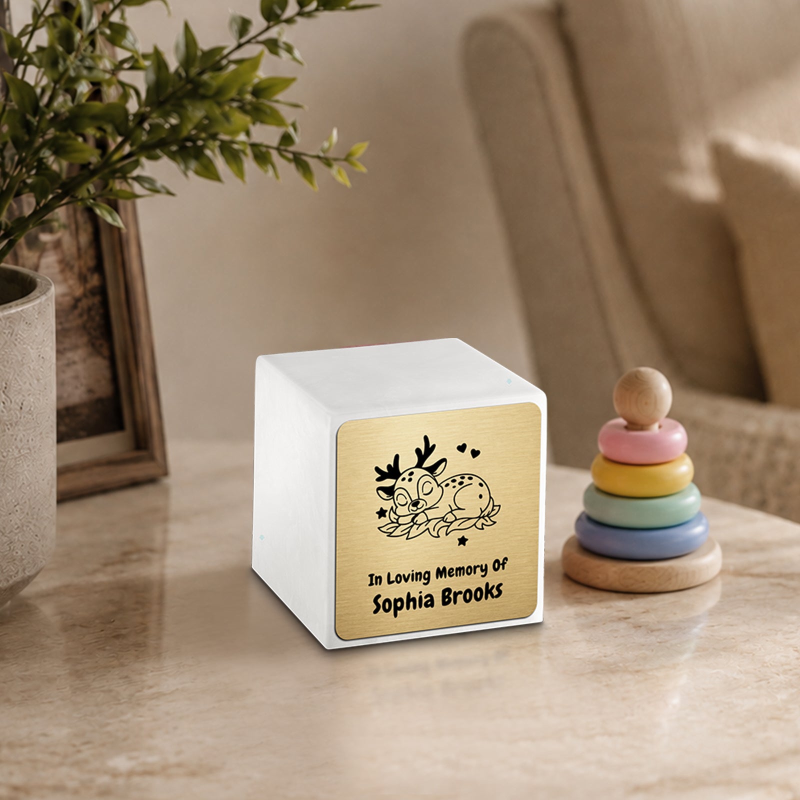 Small Cube Baby Deer Glacier White Cultured Marble Child Cremation Urn by MacKenzie