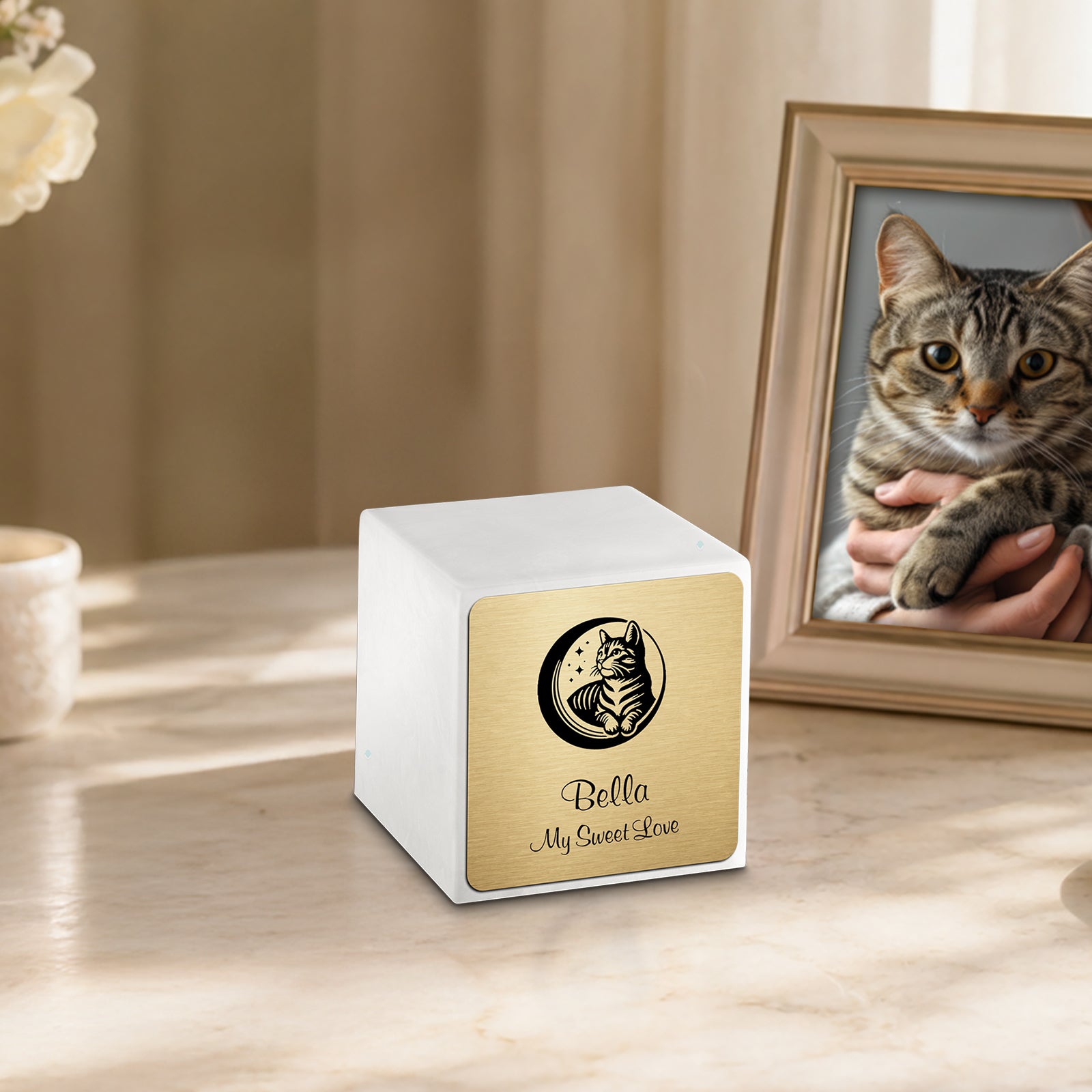 Small Cube Cat Glacier White Cultured Marble Pet Cremation Urn by MacKenzie