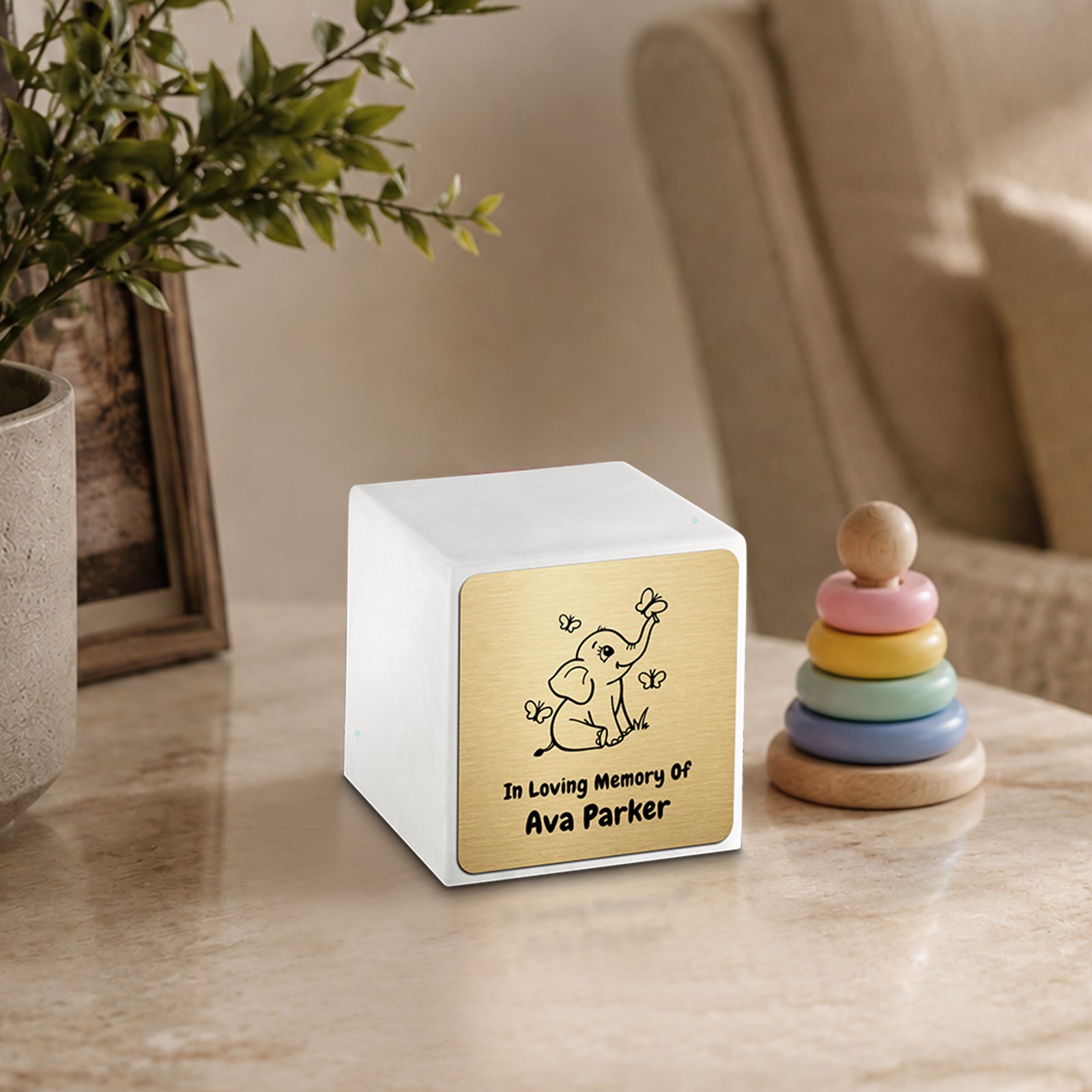 Small Cube Baby Elephant Glacier White Cultured Marble Child Cremation Urn by MacKenzie