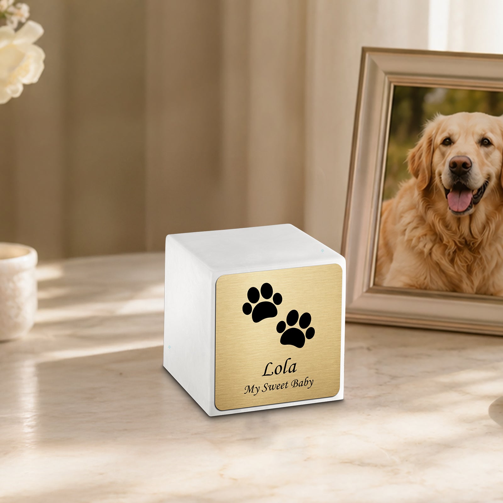 Small Cube Walking Paws Glacier White Cultured Marble Pet Cremation Urn by MacKenzie