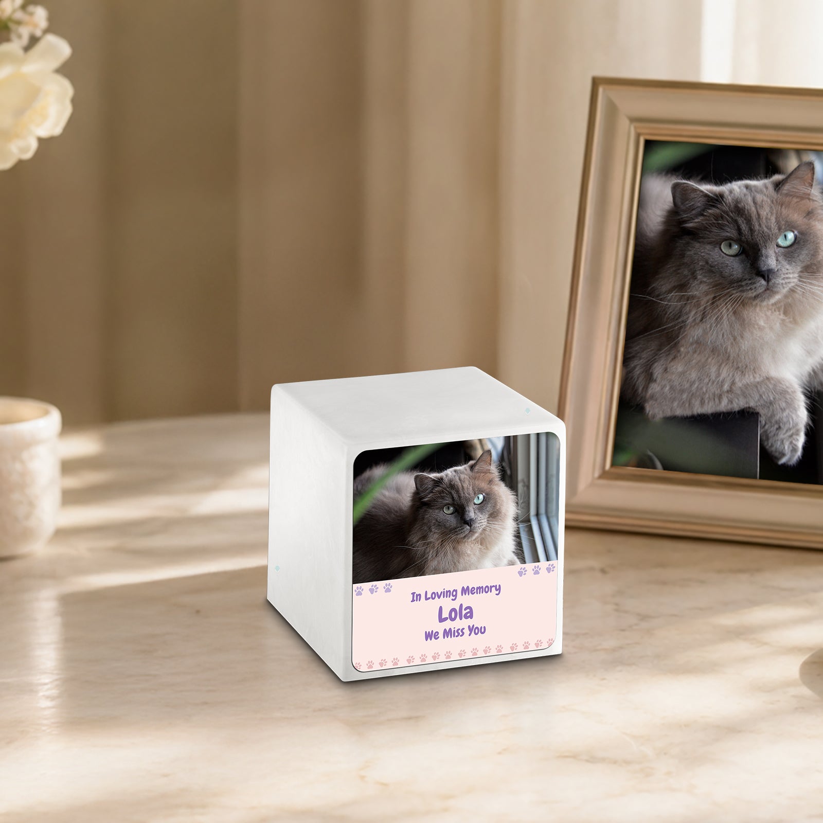 Small Cube Pet Photo Memorial Glacier White Cultured Marble Pet Cremation Urn by MacKenzie