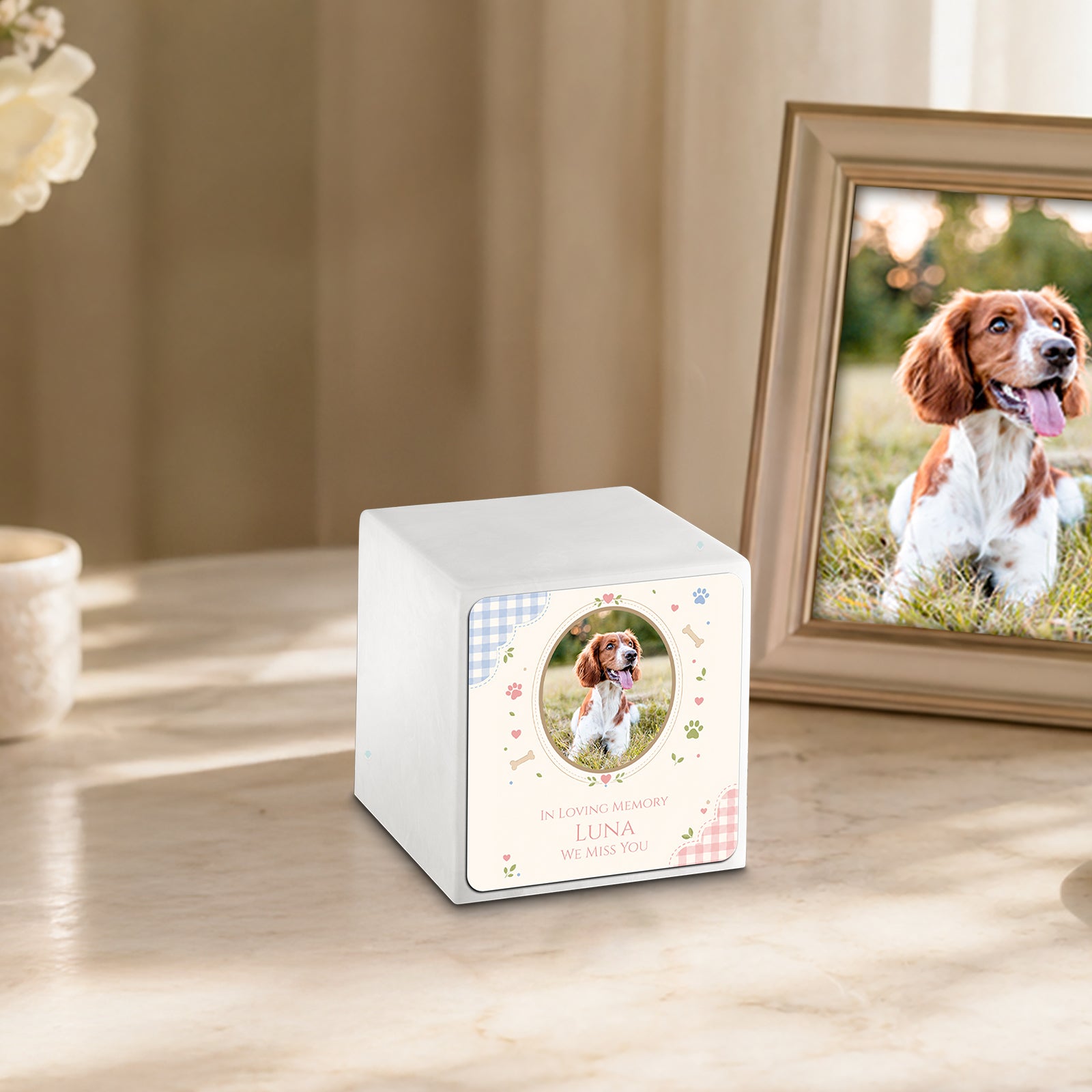 Small Cube Custom Pet Memorial Glacier White Cultured Marble Pet Cremation Urn by MacKenzie
