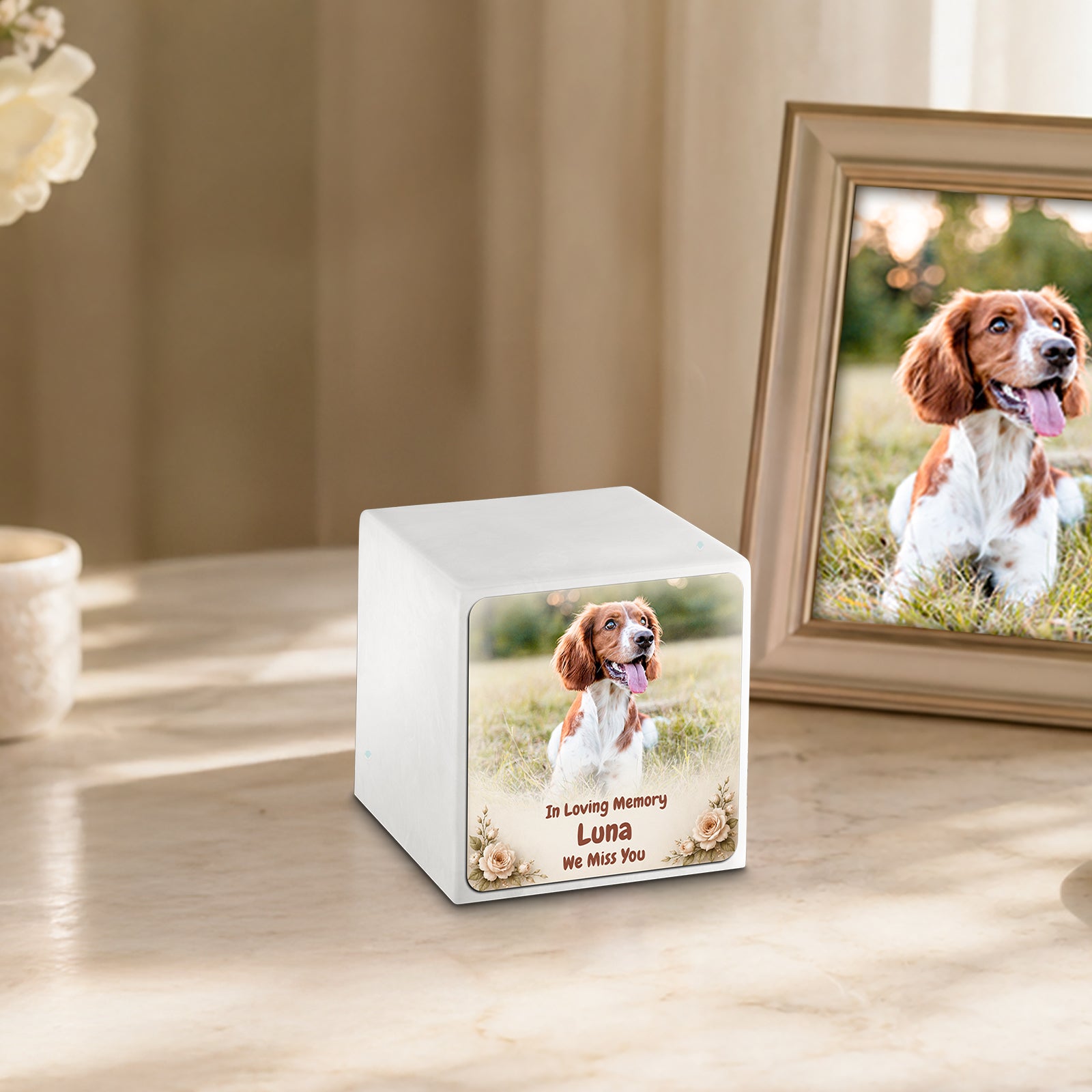 Small Cube Personalized Pet Photo Glacier White Cultured Marble Pet Cremation Urn by MacKenzie