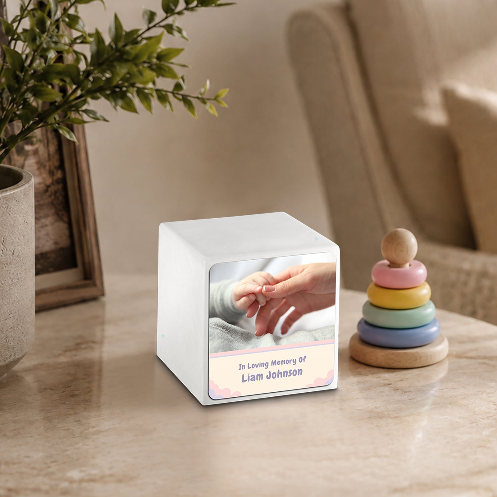 Small Cube Classic Photo Glacier White Cultured Marble Child Cremation Urn by MacKenzie