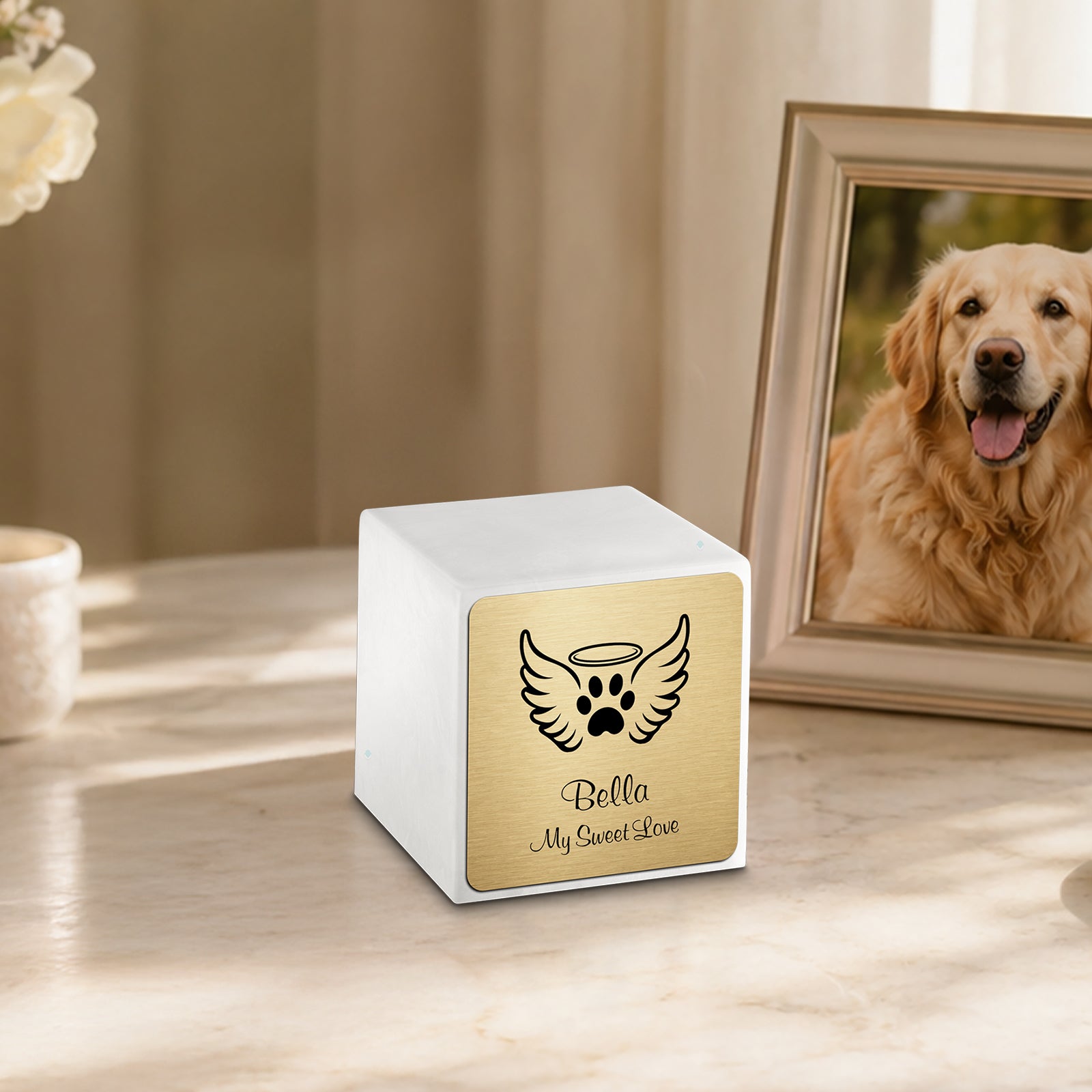 Small Cube Angel Wings Glacier White Cultured Marble Pet Cremation Urn by MacKenzie