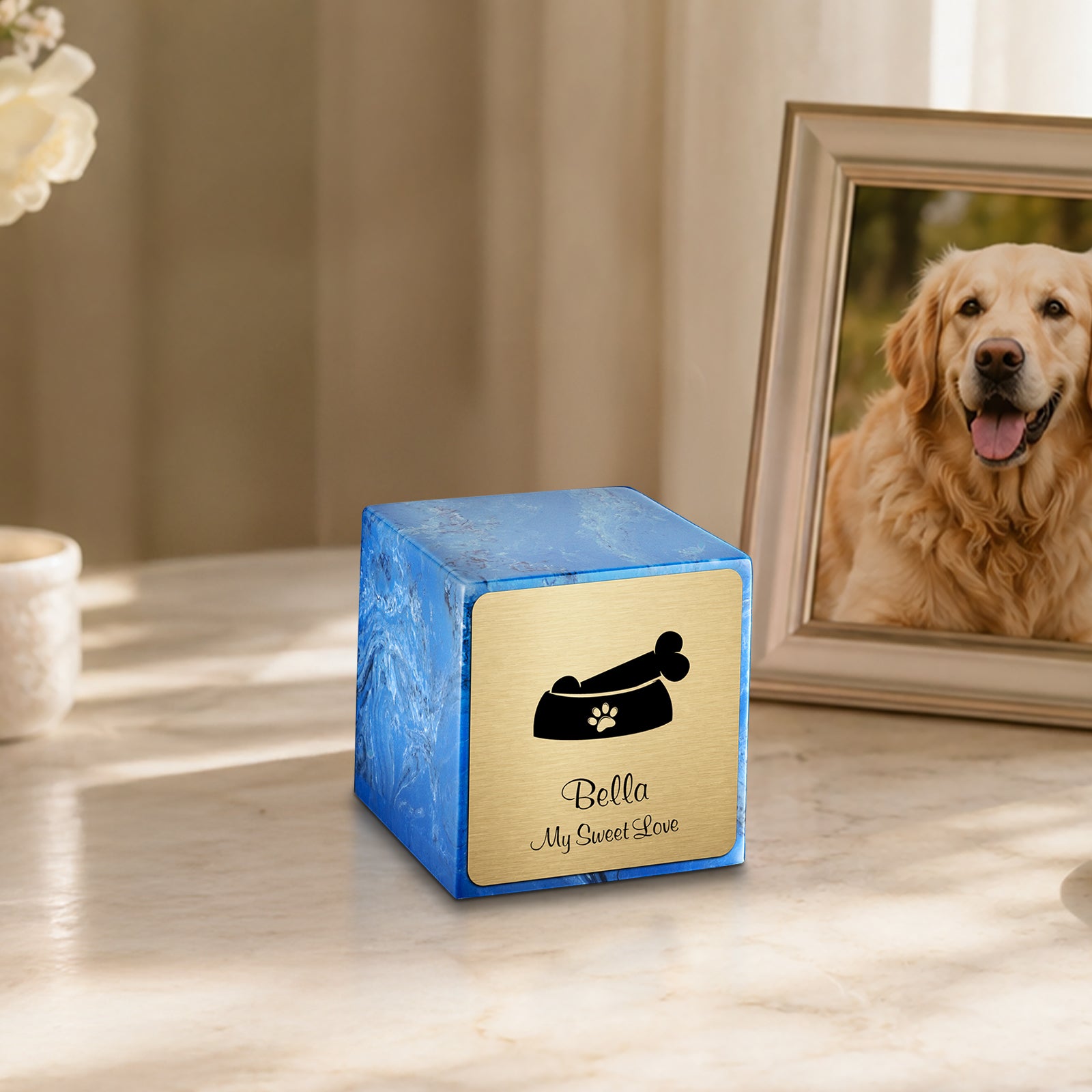 Small Cube Dog Bone Mystic Blue Cultured Marble Pet Cremation Urn by MacKenzie