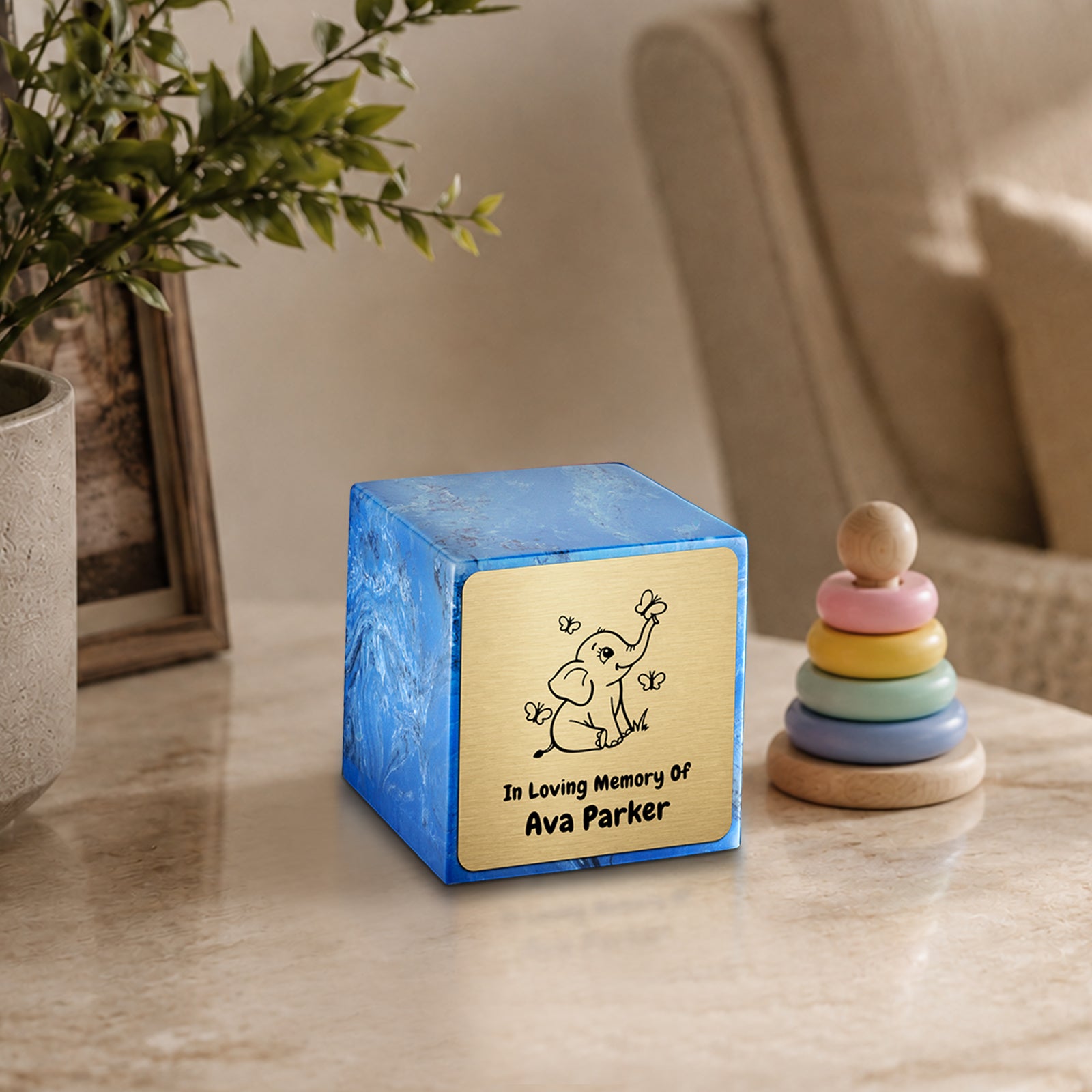 Small Cube Baby Elephant Mystic Blue Cultured Marble Child Cremation Urn by MacKenzie