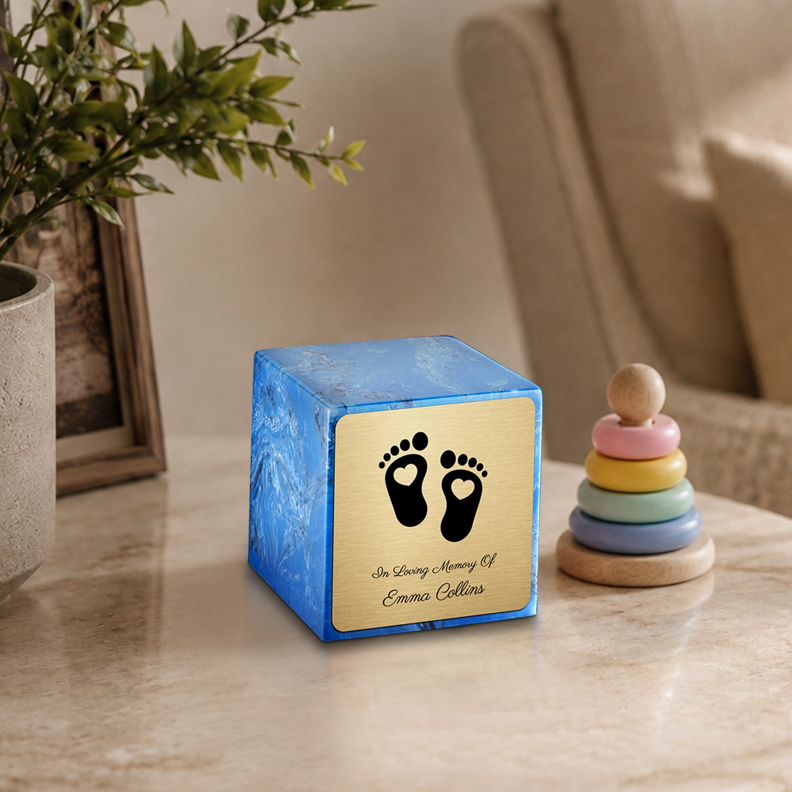 Small Cube Loving Heart Feet Mystic Blue Cultured Marble Child Cremation Urn by MacKenzie