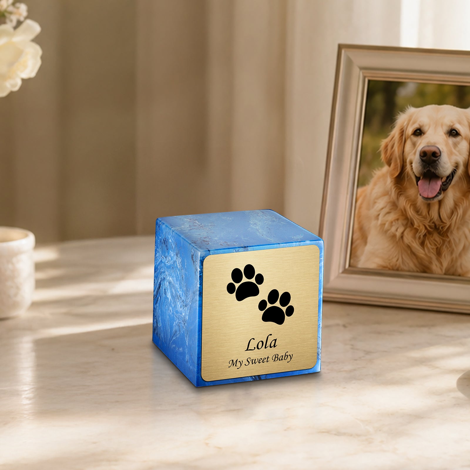 Small Cube Walking Paws Mystic Blue Cultured Marble Pet Cremation Urn by MacKenzie