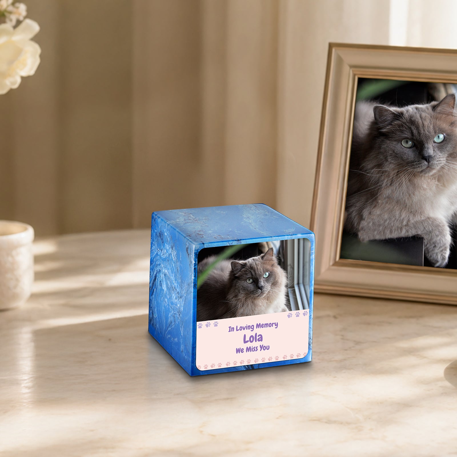 Small Cube Pet Photo Memorial Mystic Blue Cultured Marble Pet Cremation Urn by MacKenzie
