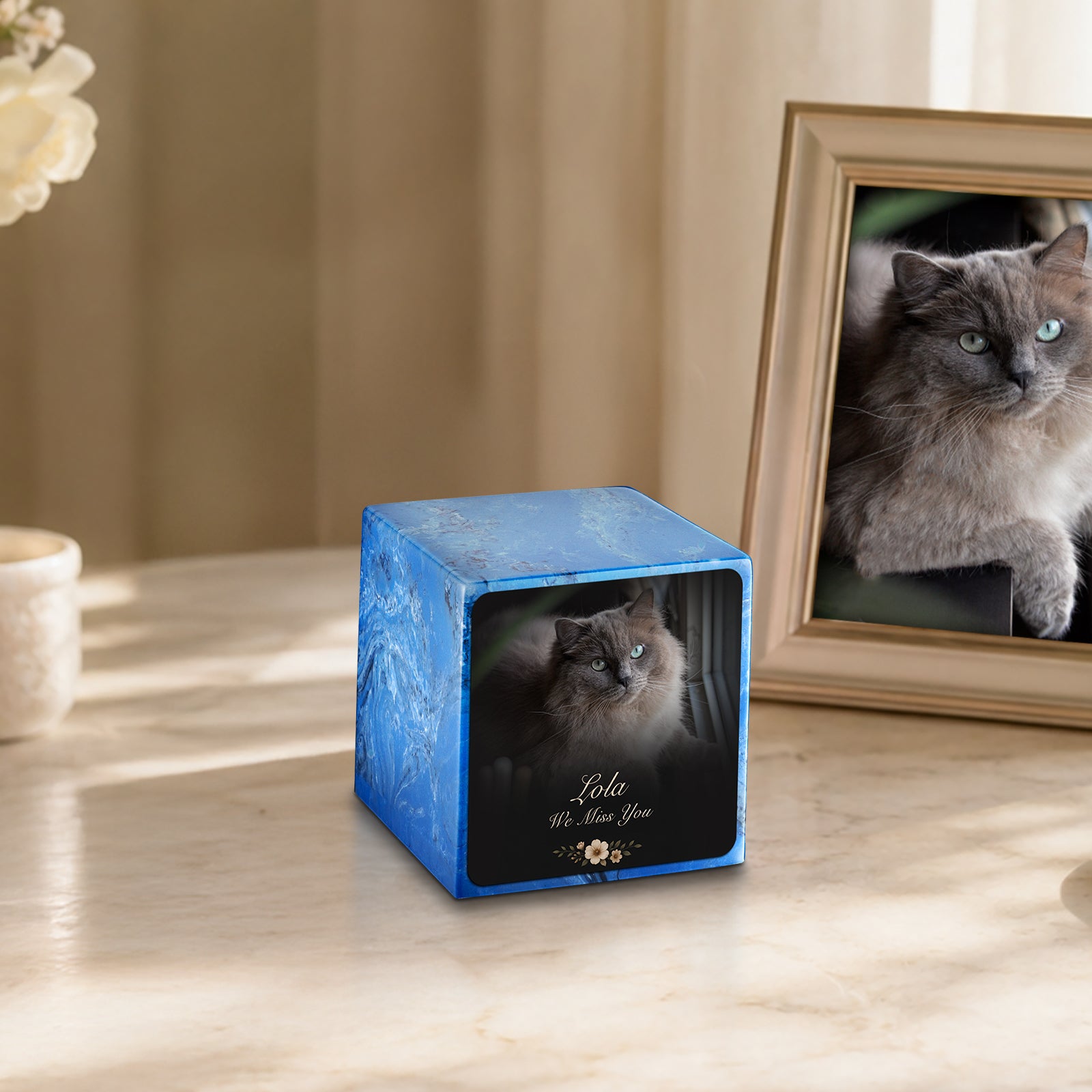 Small Cube Pet Portrait Photo Mystic Blue Cultured Marble Pet Cremation Urn by MacKenzie