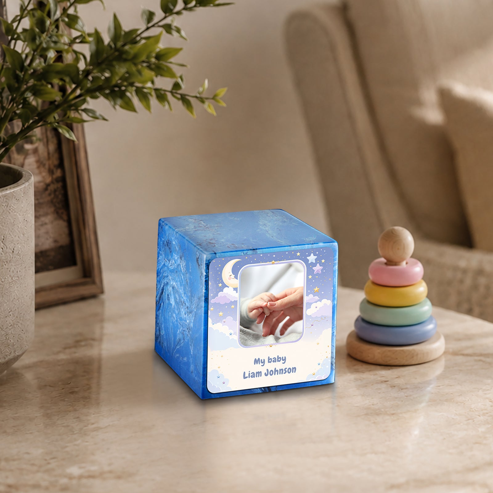 Small Cube Moon and Stars Mystic Blue Cultured Marble Child Cremation Urn by MacKenzie