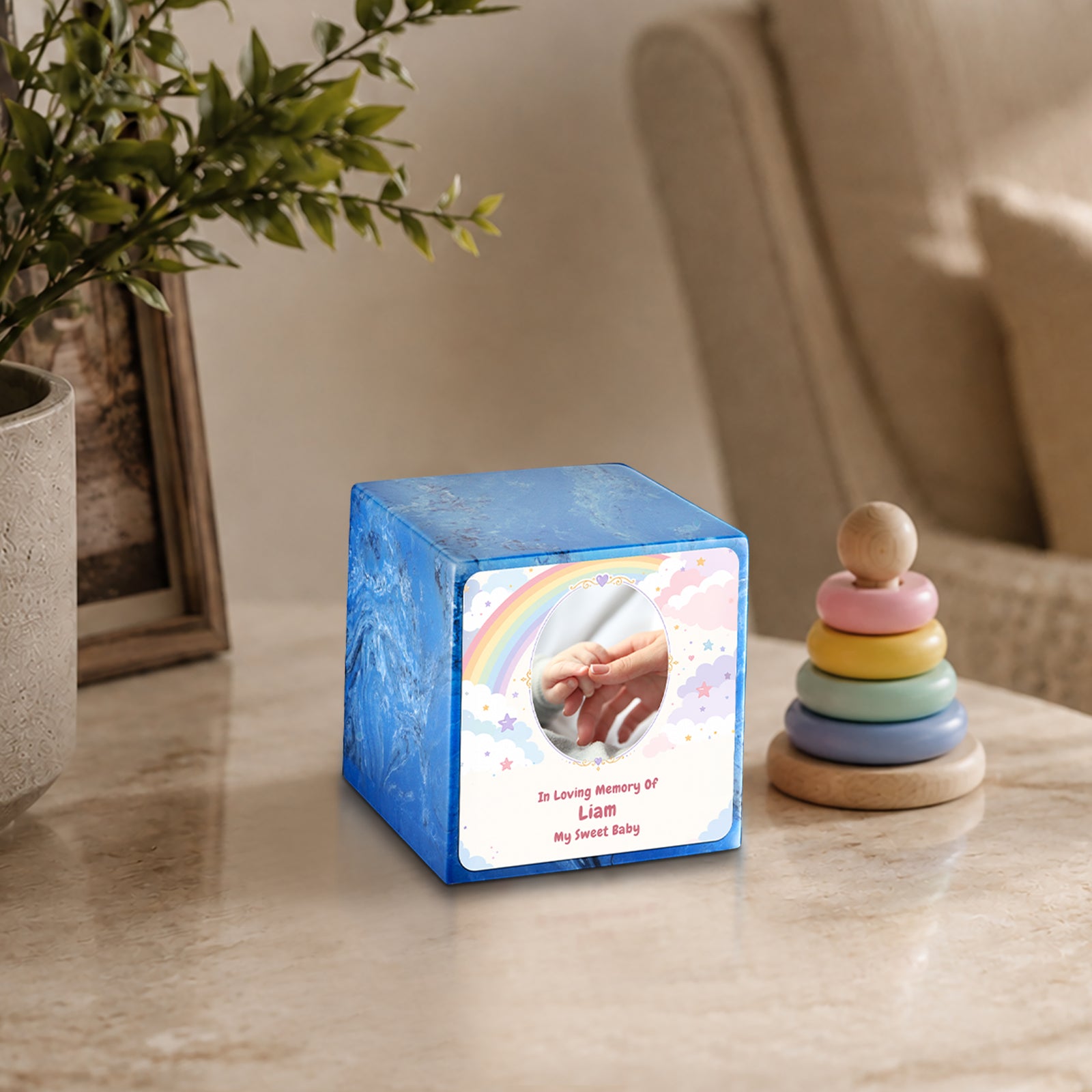 Small Cube Rainbow and Clouds Mystic Blue Cultured Marble Child Cremation Urn by MacKenzie