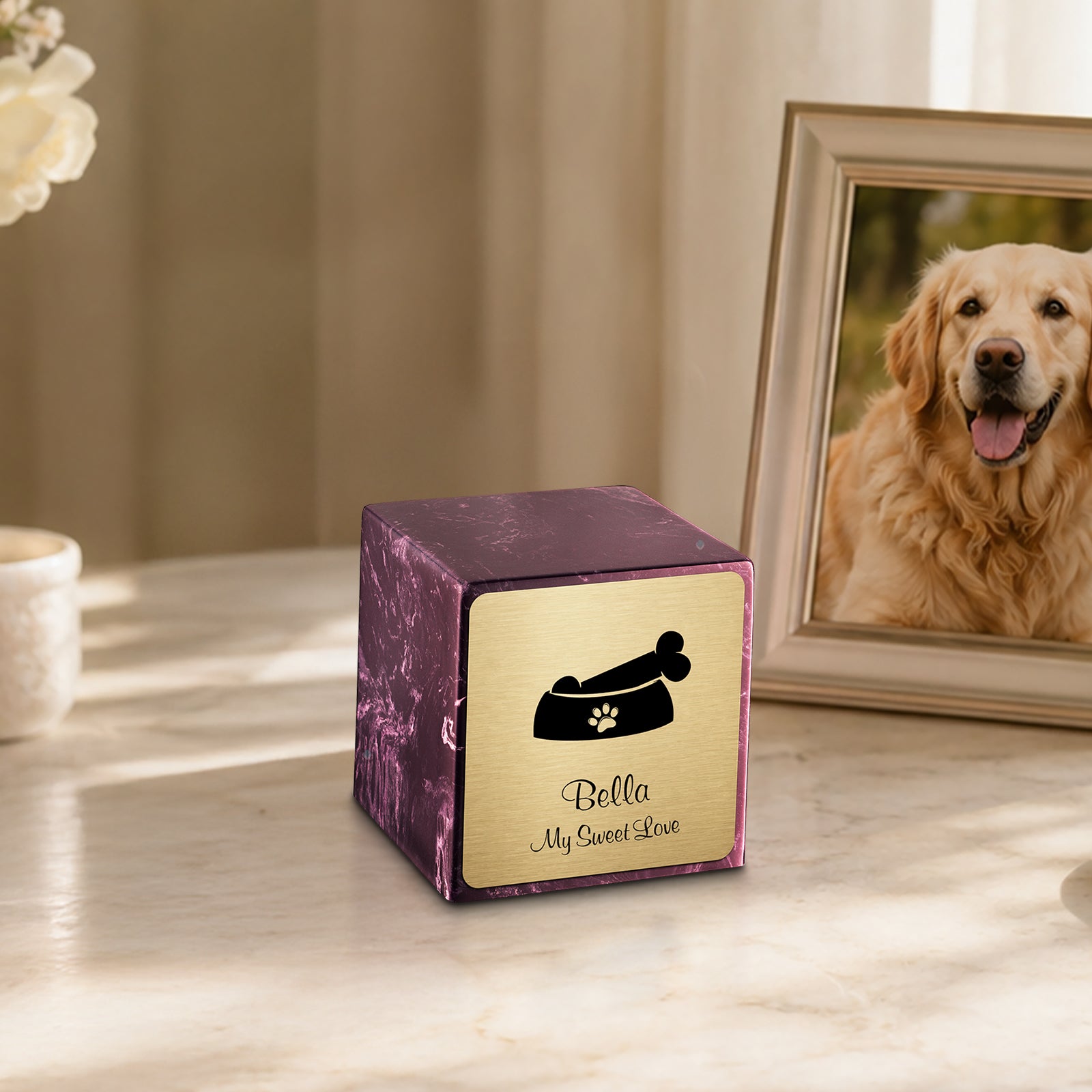 Small Cube Dog Bone Merlot Cultured Marble Pet Cremation Urn by MacKenzie