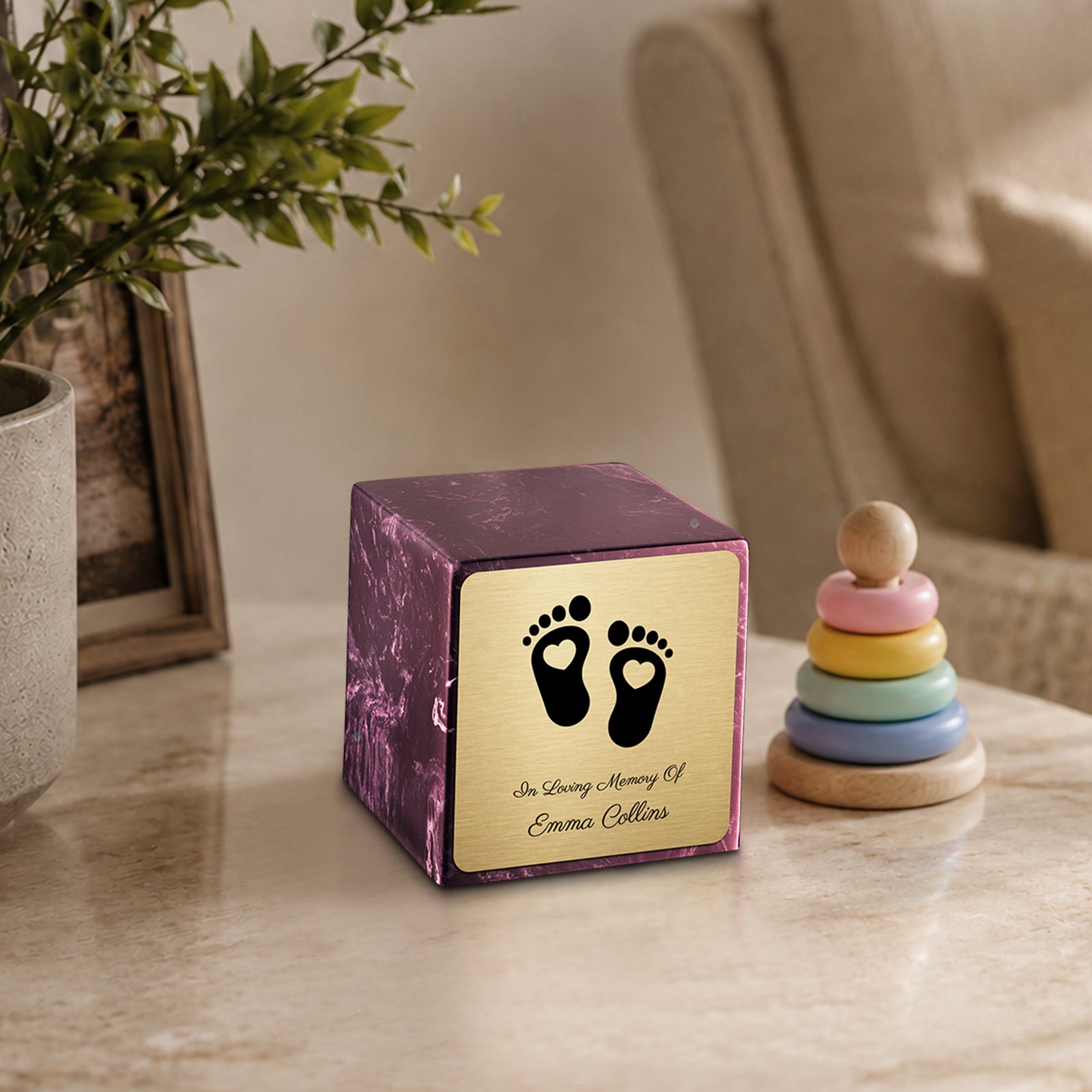 Small Cube Loving Heart Feet Merlot Cultured Marble Child Cremation Urn by MacKenzie