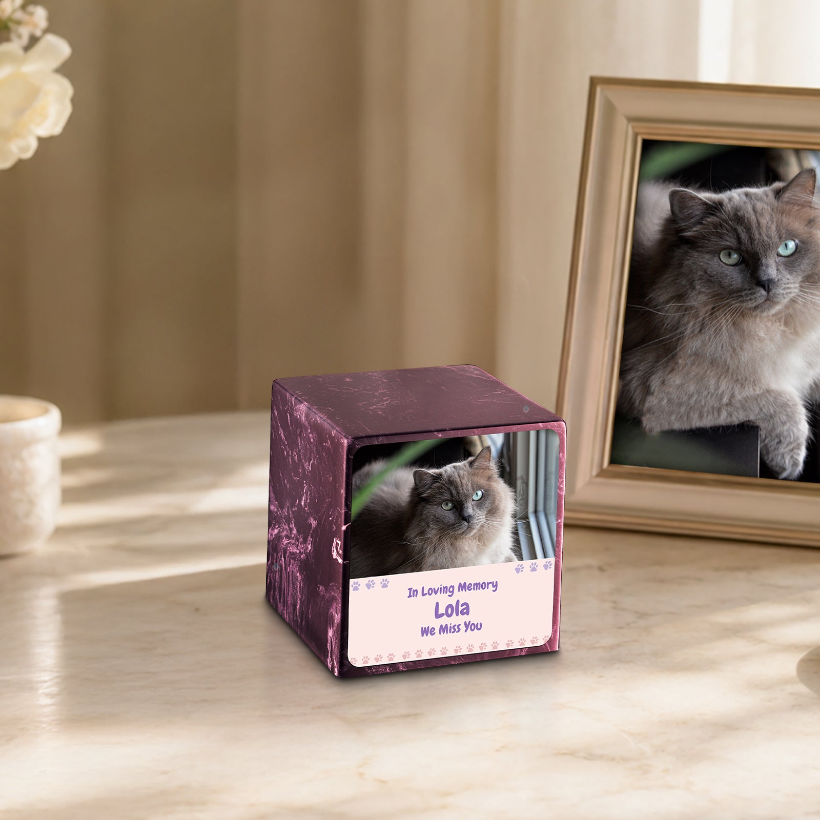 Small Cube Pet Photo Memorial Merlot Cultured Marble Pet Cremation Urn by MacKenzie